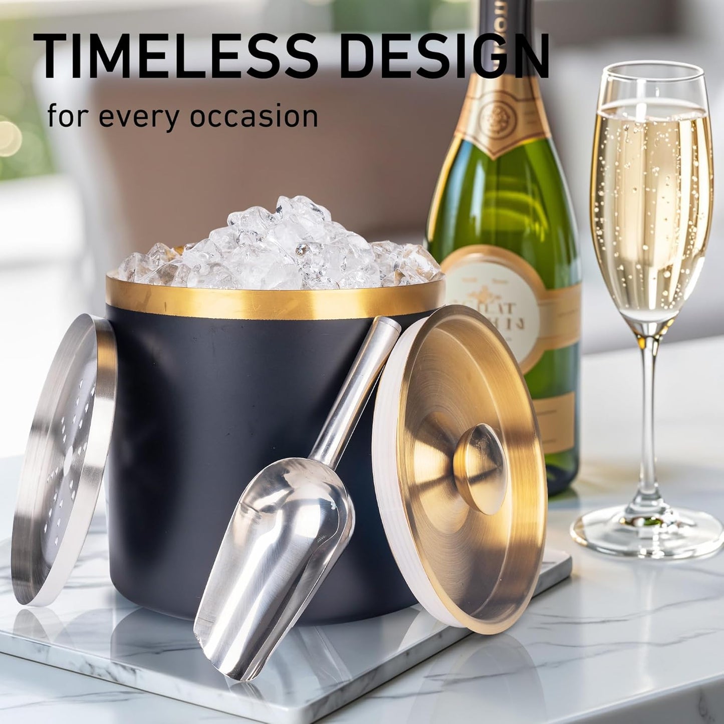 3L Double Wall Insulated Stainless Steel Ice Bucket with scoop for Cocktail Bar,Metal Ice Bucket for freezer with Lid for parties.ice Container to Keep Ice Colder,bar cart accessories(black)