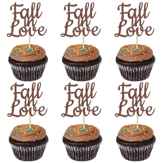 24 PCS Fall in Love Cupcake Toppers Glitter Fall Theme Party Cupcake Picks Bridal Shower Cupcake Decorations for Autumn Wedding Engagement Anniversary Birthday Party Cake Decorations Supplies Brown