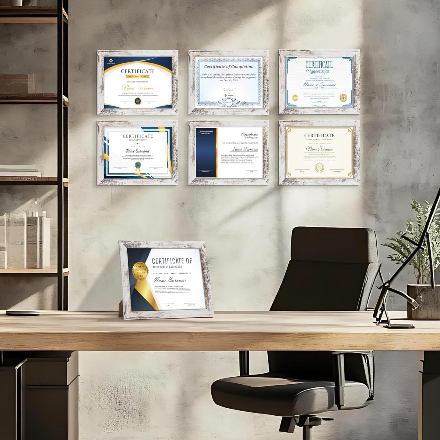 PETAFLOP Bulk Document Frames 8.5x11 Certificate Picture Frame Set of 18, Distressed White Frame for Wall Tabletop Vertically and Horizontally