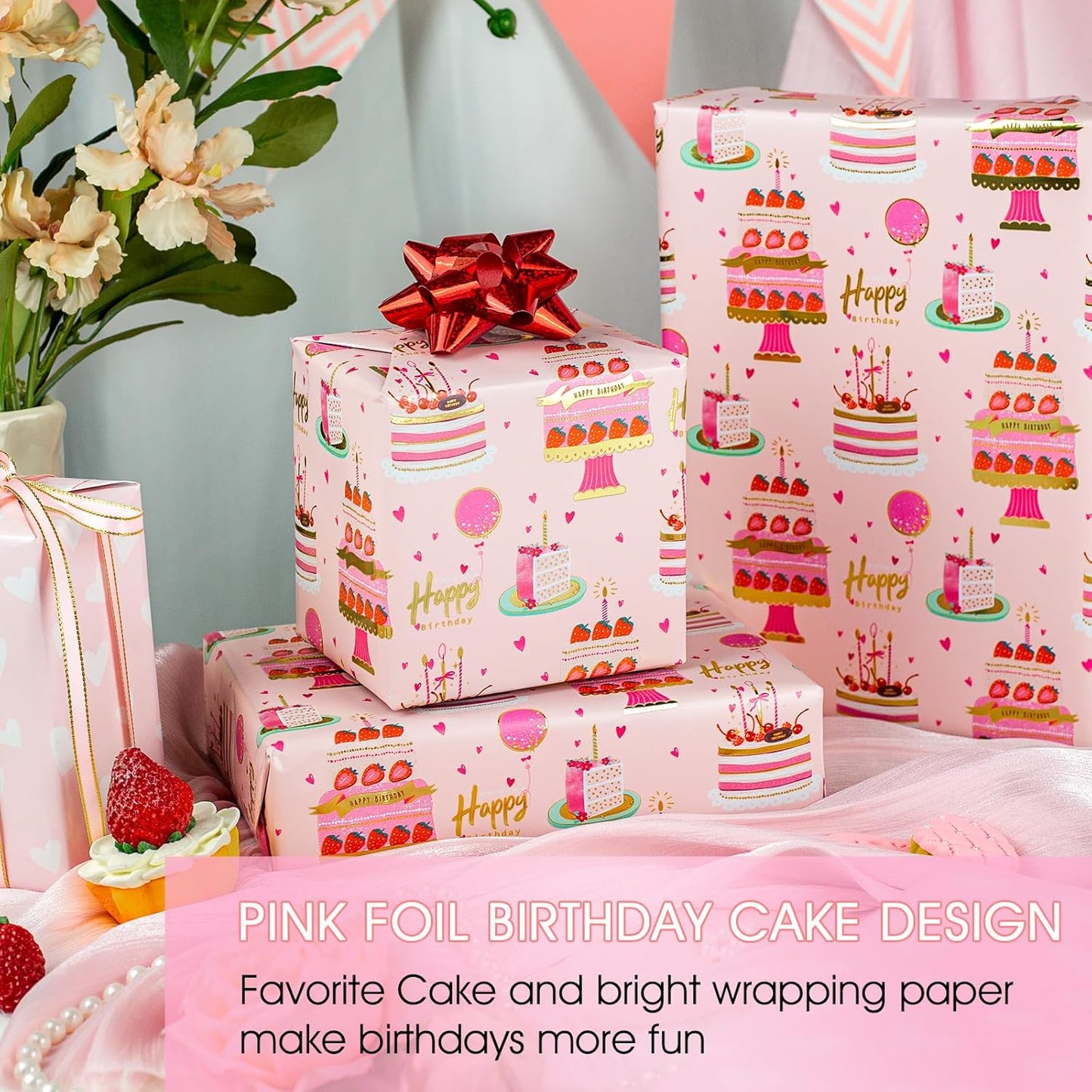 Yarcony Girls Birthday Wrapping Paper Roll, Pink Gift Wrapping Paper,Metallic Foil Pink Cartoon-Style Birthday Cakes Gift Wrap for Kid Party,Baby Shower,Wedding, Holiday,Christmas(17 Inch X 33 Feet)