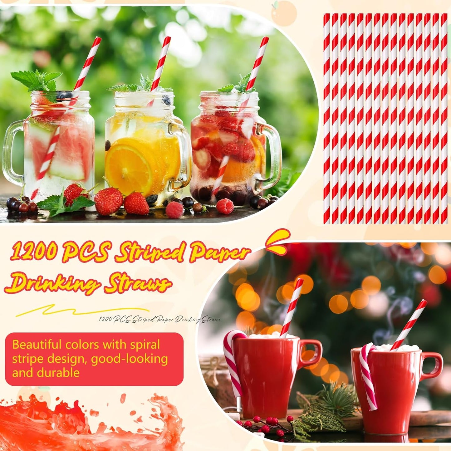 Eaasty 1200 Pcs Colored Paper Straws Bulk Disposable Striped Drinking Paper Straws for Summer Juice, Shakes, Cocktail,7.87 Inches, 0.24'' Diameter (Red)