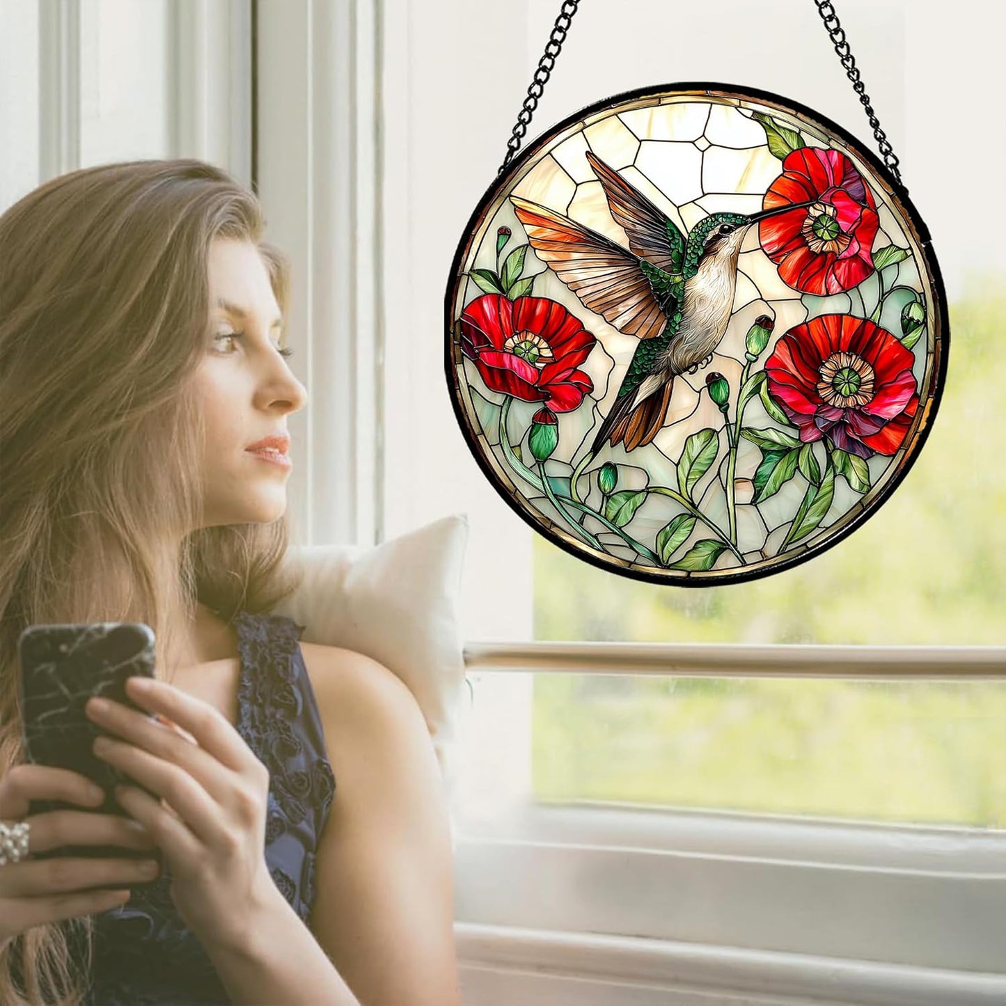 Stained Glass Window Hanging - Green Hummingbird Red Flower Suncatcher for Door Terrace Garden Home Decor Bird Landscape Sun Catcher Birthday Gifts for Lovers Women Men Dad Mom Nana 15 in
