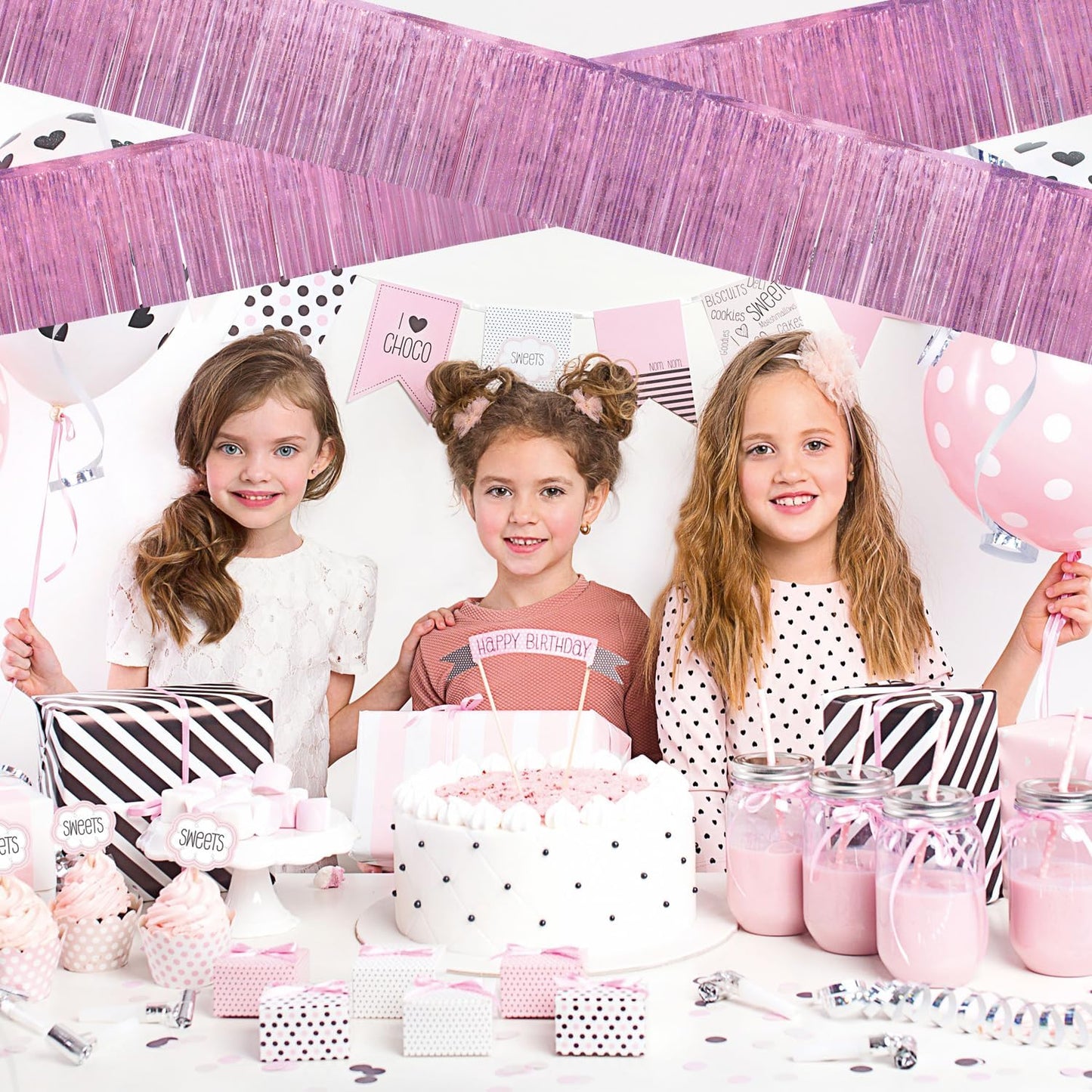 Laser Pink Birthday Decorations Tinsel Garland Parade Float Decorations for Trailer 4Pack 12FT Girls Womens Party Decor Ceiling Fringe Banner Pink Backdrop for Streamers Party Decorations