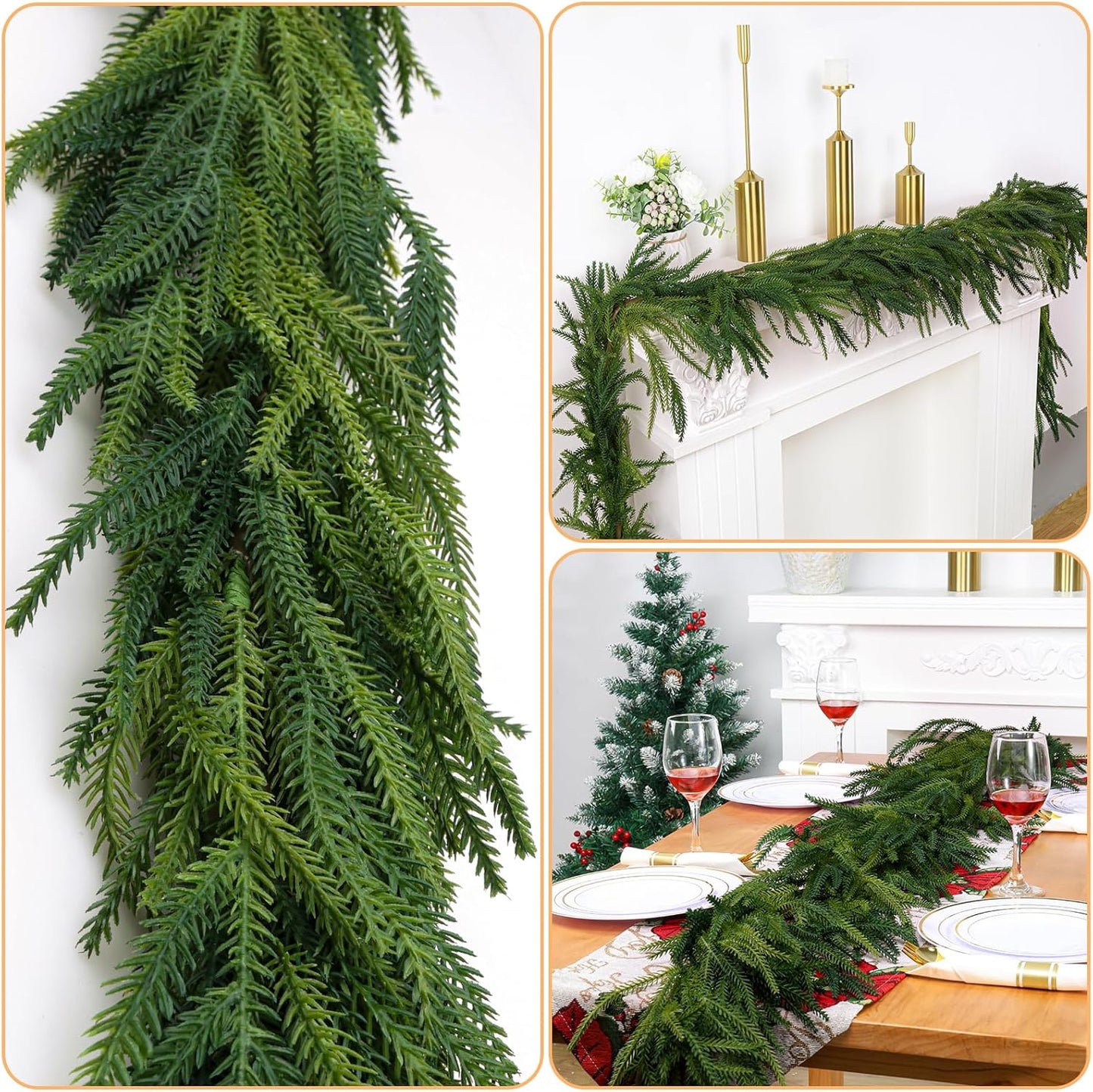 3 Pcs Artificial Norfolk Pine Garlands Christmas, 9 FT Dense Real Touch Winter Pine Garland Ornament, Green Artificial Greenery Garland for Table, Mantle, Wall, Indoor, Outdoor Christmas Decorations