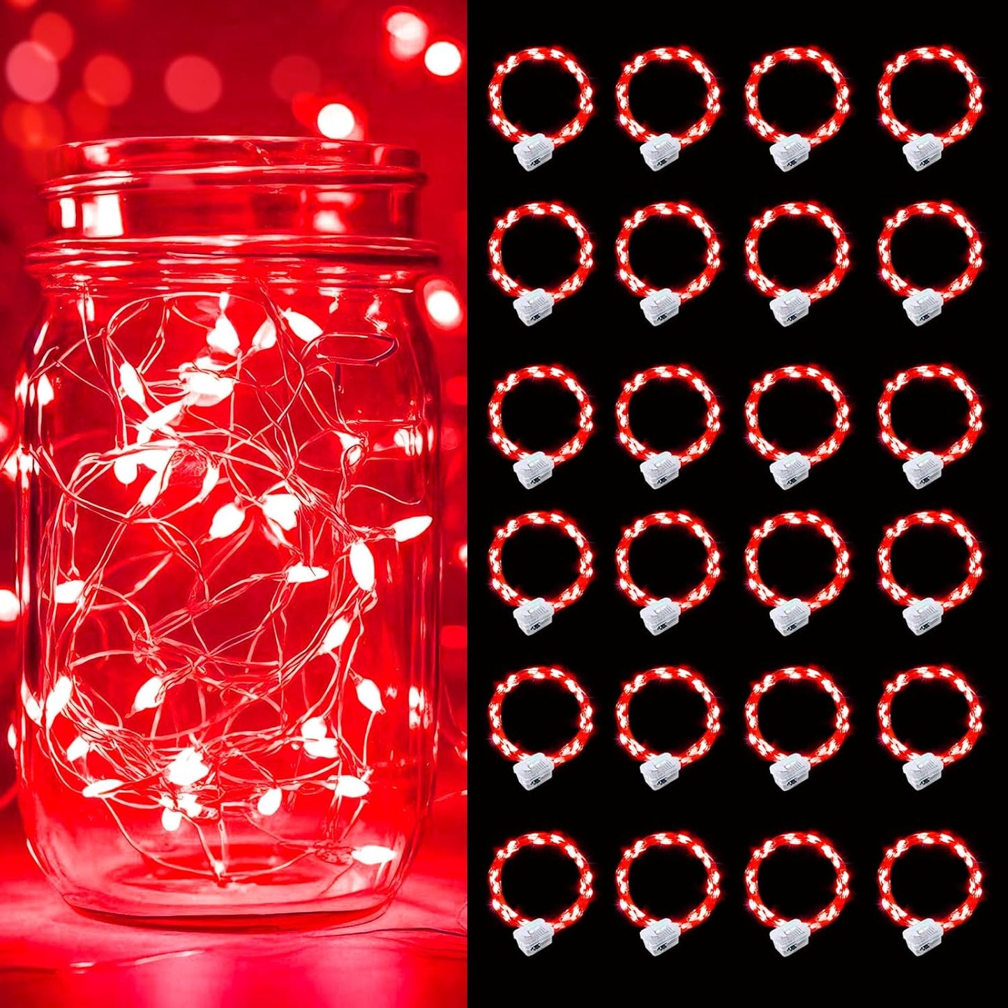 pozzolanas 24 Pack Red Battery Operated String Lights - 7ft Waterproof Fairy Lights with 20 LEDs for Home, Mason Jar, Party, Wedding, Halloween, Christmas Decorations