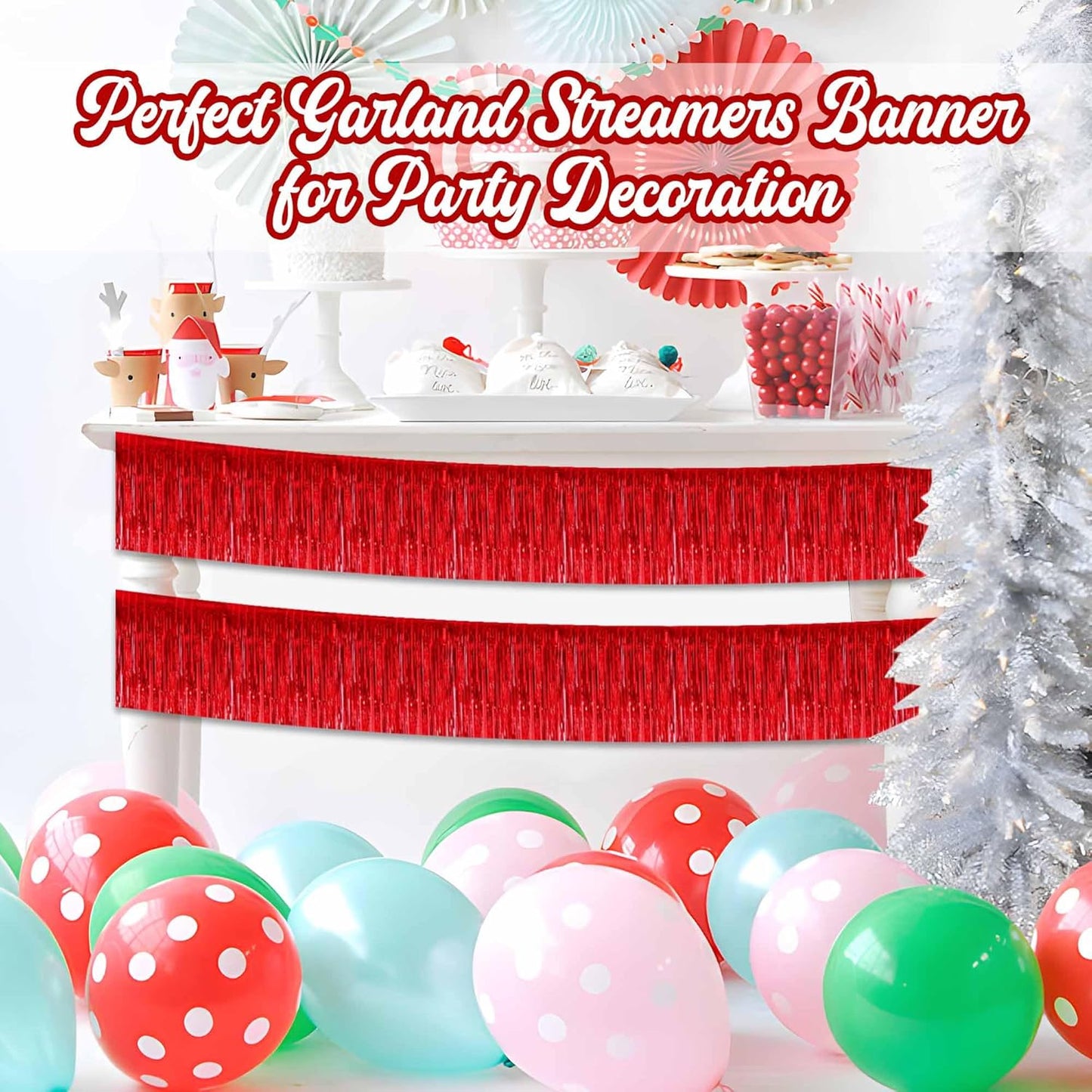 4 Pack 10 Ft Red Foil Fringe Garland Metallic Streamers Tinsel Banner Wall Hanging Garland Backdrop for Parade Floats, Halloween, Christmas, Thanksgiving, New Year Party Decorations