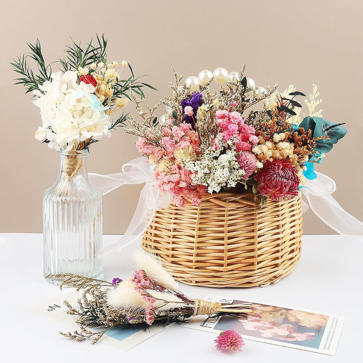 10Pcs Mini Dried Flower Bouquet Colourful Natural Boho Dried Flowers Set Mini Natural Real Plants for Wedding Table Centerpieces Gift Box Cake Bottle Decor Home Vase Decorations DIY Craft