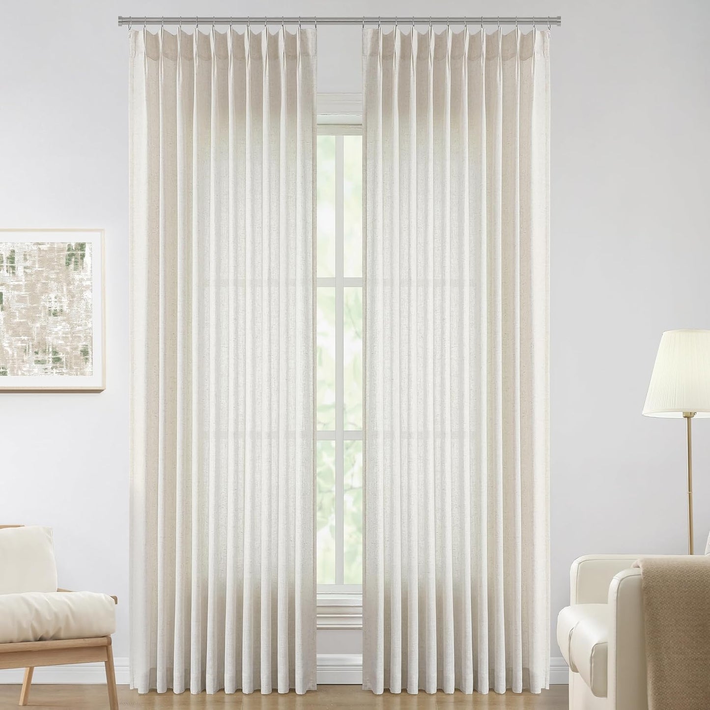 Vision Home Natural Pinch Pleated Semi Sheer Curtains Textured Linen Blended Light Filtering Window Curtains 112 inch for Living Room Bedroom Patio Pinch Pleat Drapes with Hooks 1 Panel 60" Wx112 L