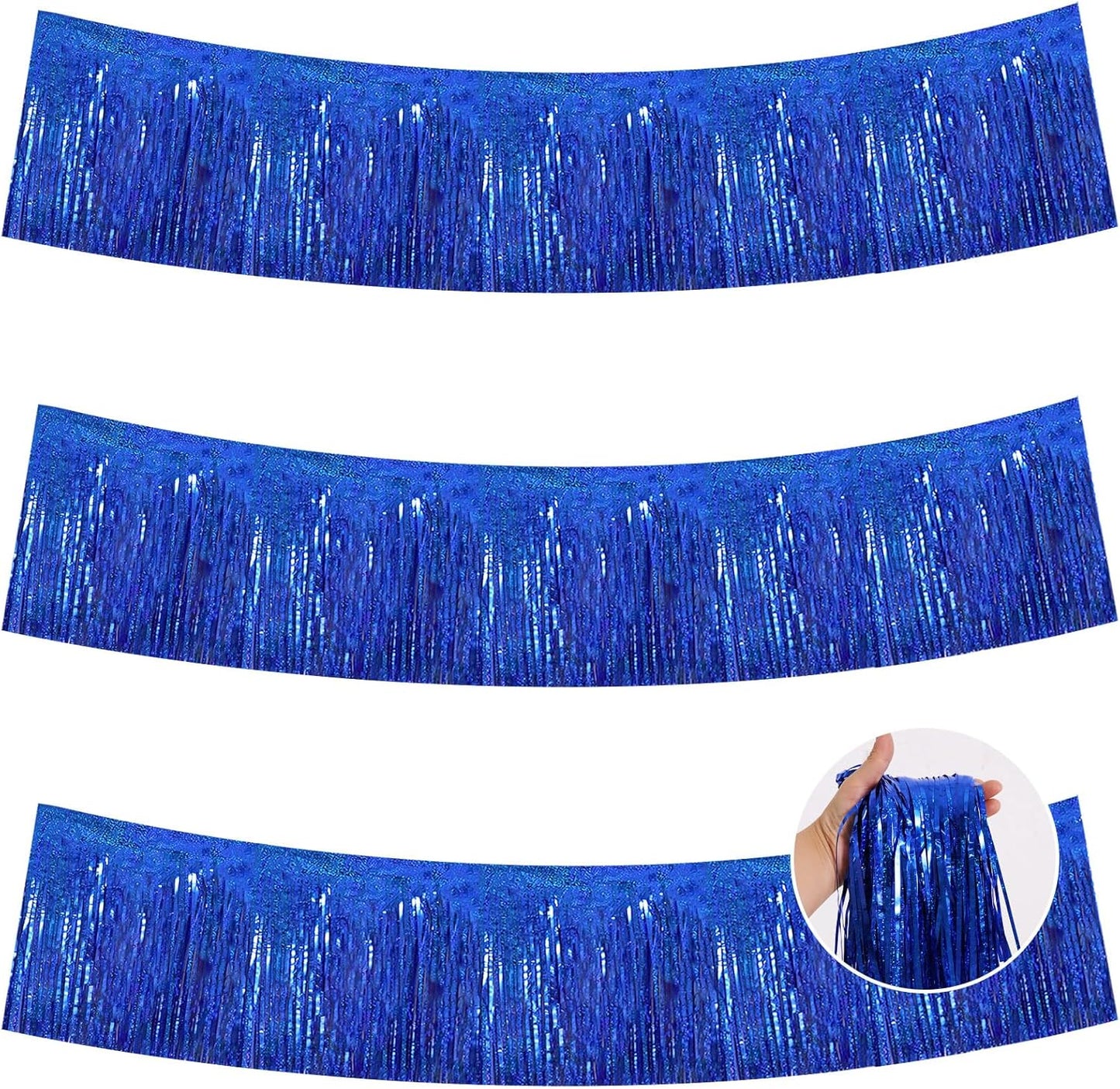 BEISHIDA 3 Packs Metallic Foil Fringe Garland Laser Blue Wall Hanging Tinsel Fringe Banners for Car Floats Bridal Shower Wedding Birthday Easter Graduation Holiday Party Decoration(30 Feet)