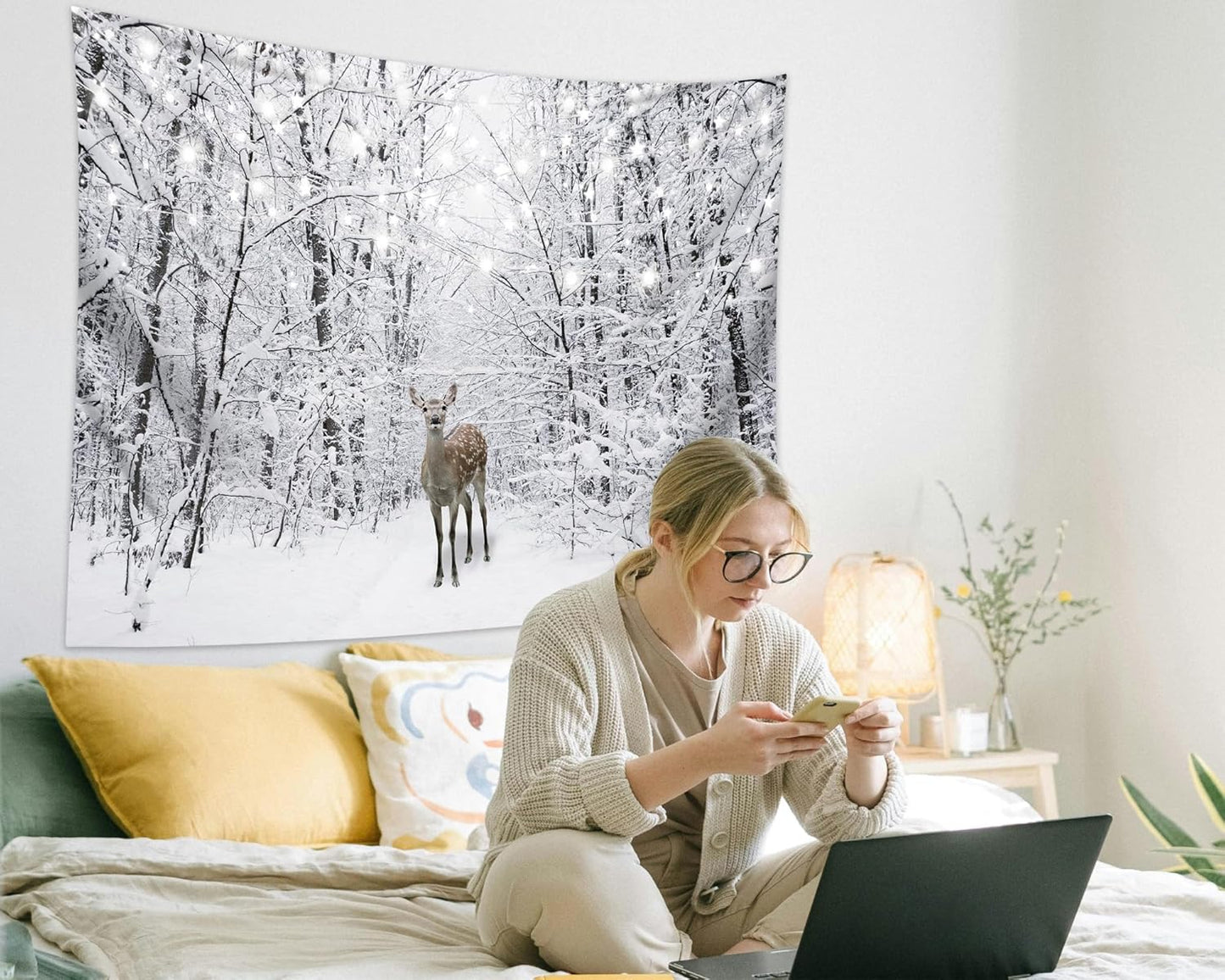 QGHOT Winter Tapestry Wall Hanging Snow Scene Backdrop Winter Wonderland Wall Decor Snowy Forest Wall Art Nature Woodland Deer Tapestry for Bedroom Room Dorm Party Decoration, Large