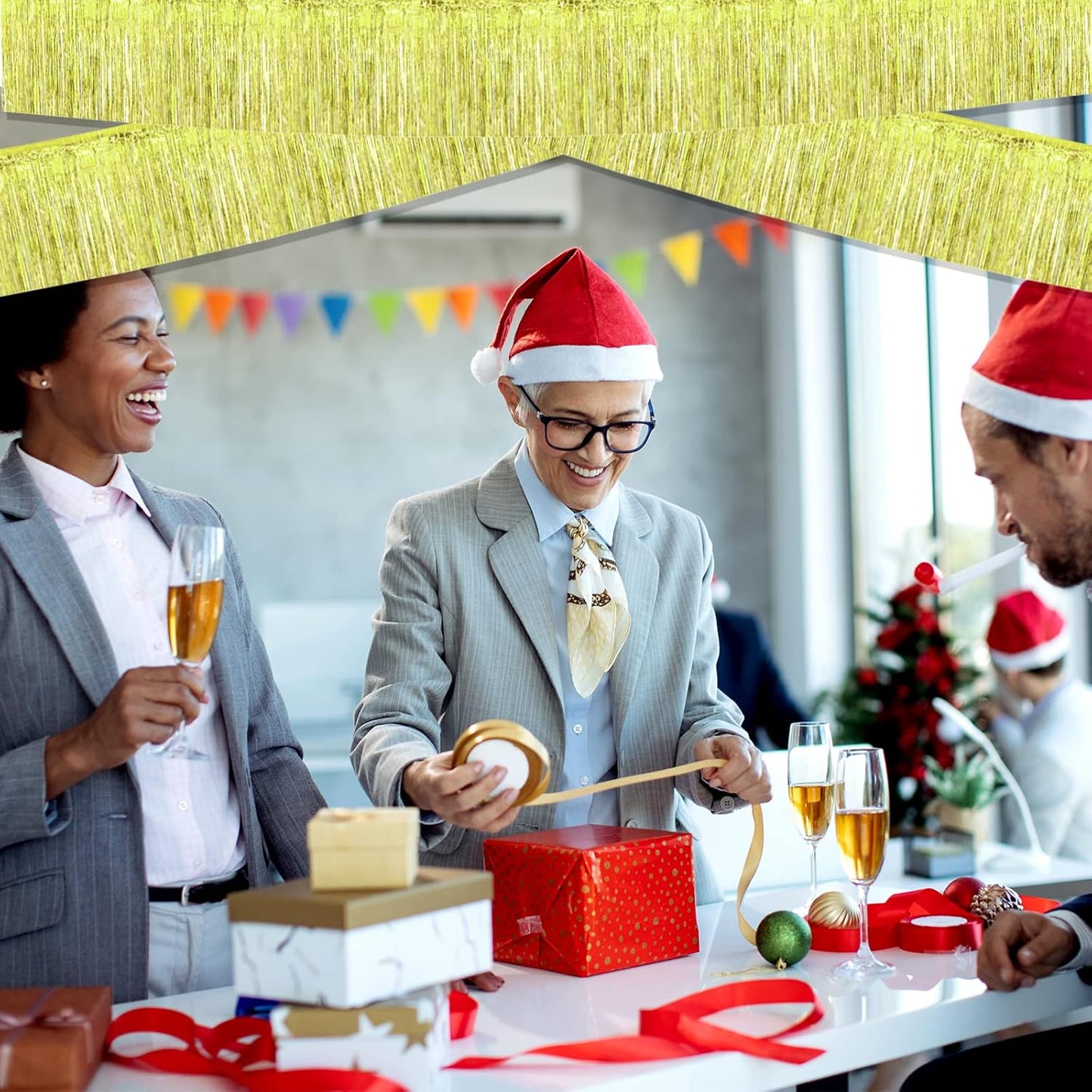 10 Pack 10 Feet Foil Fringe Garland Metallic Tinsel Streamers Banner Wall Hanging Curtain Backdrop for Parade Floats, Wedding, Disco, Birthday, Halloween, Christmas Party Decorations(Light Gold)