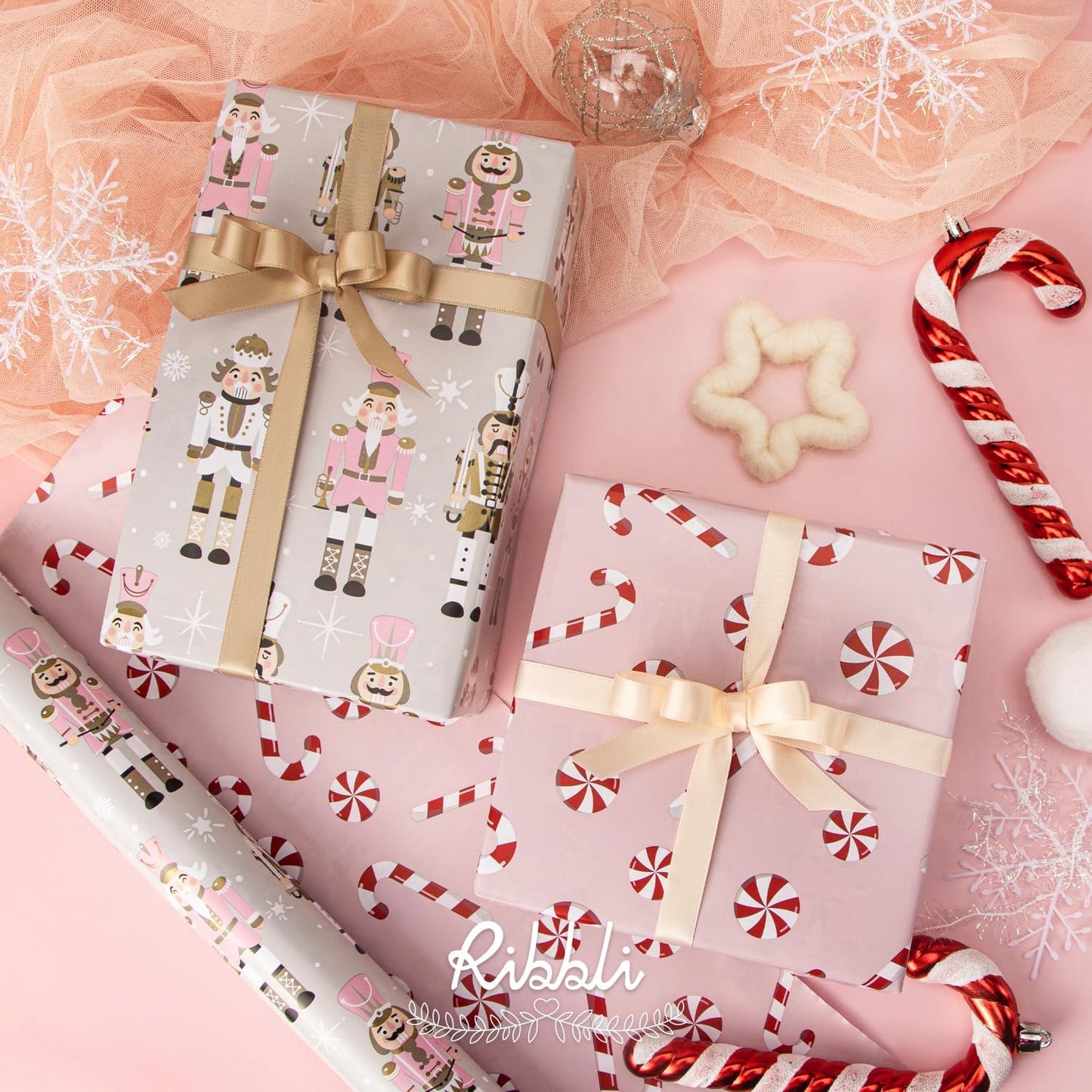 Ribbli Reversible Christmas Wrapping Paper Rolls, Nutcracker and Candy Cane Pink Gift Wrapping Paper-17 Inch x 33 Feet