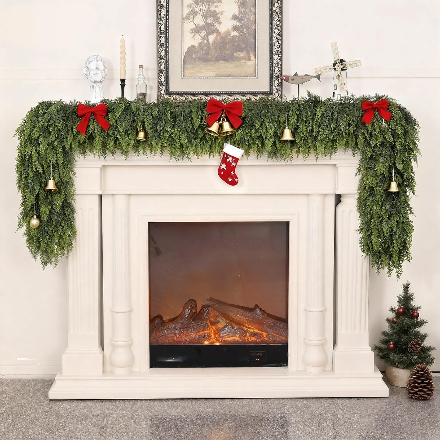 5FT Real Touch Cedar Garland - Artificial Christmas Garland Fake Green Faux Thick and Lush Pine Needles Garlands for Table Fireplace Mantle Holiday Home Indoor Outdoor Decor (1PCS)