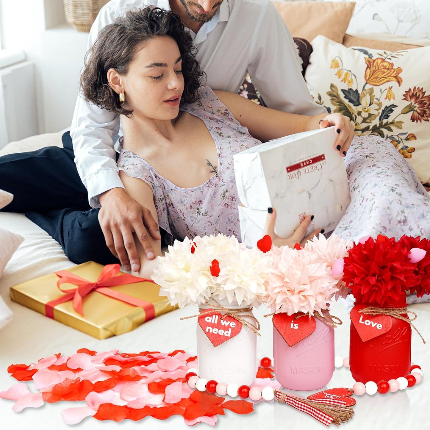 CNVOILA Valentines Table Decor, 6PC Mason Jars, Glass, Cylindrical, White, Red, Pink - Valentine's Day, Anniversary, Wedding, Farmhouse Decor
