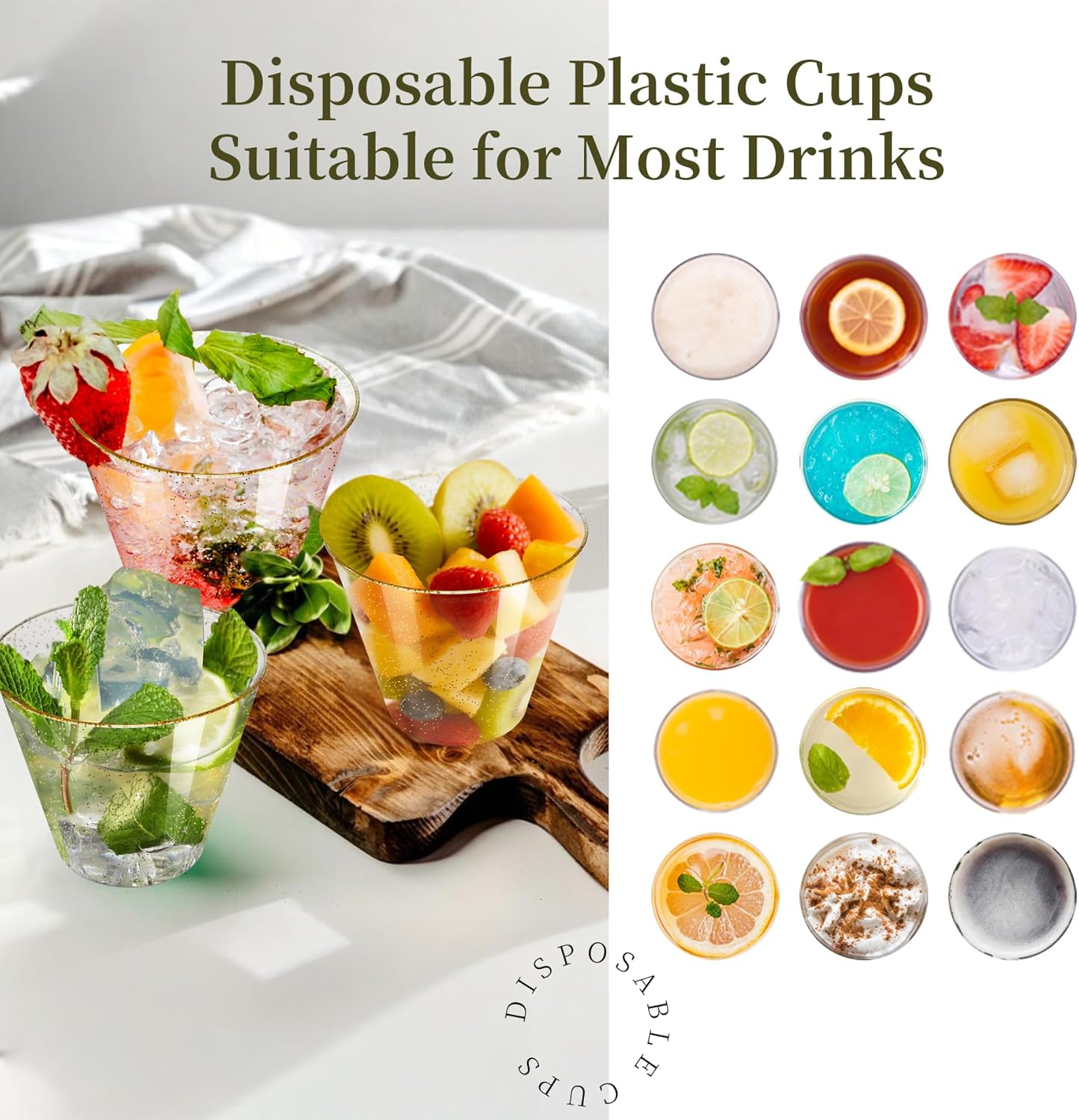 [100 Pack] 9oz Plastic Cups with Gold Glitter Sturdy & Food Safe Disposable Wine Glasses Party Wedding Cups Disposable Drinking Cups Plastic Cocktail Glasses for Wine, Cocktails & Cold Beverages