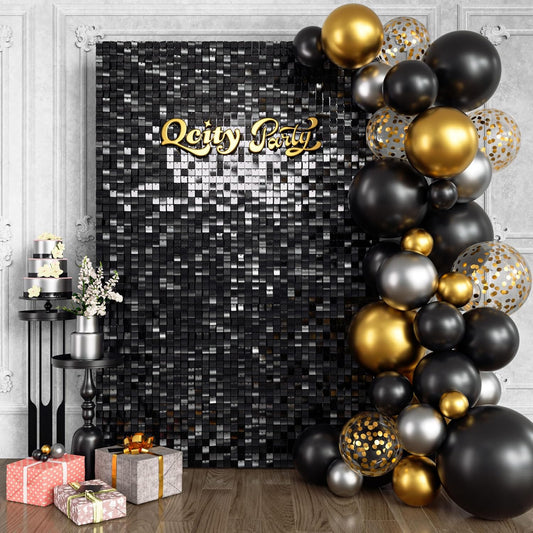 Qcity Black Shimmer Wall Backdrop 24PCS, Black Back Not See-Through Design, Square Sequin Glitter Backdrop Panel, Perfect for Outdoor Events, Birthdays, Wedding and Party Decoration