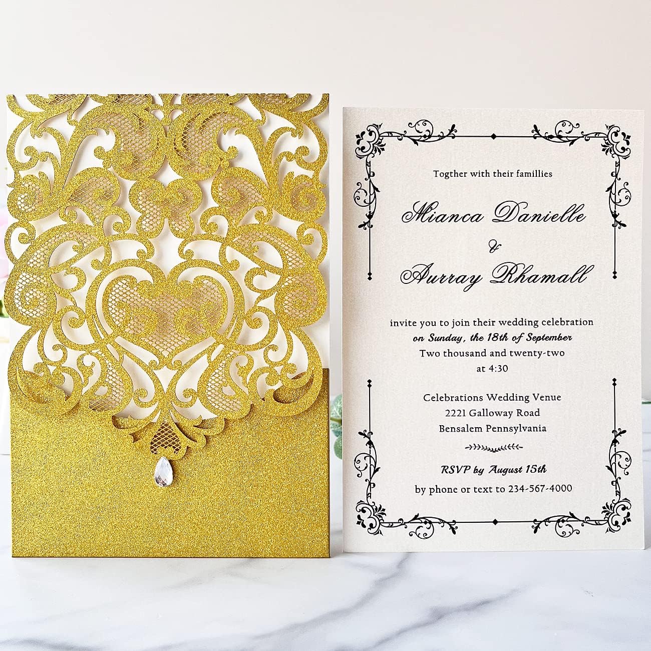 Hosmsua 5.12 x 7.3 50pcs Personalized Gold Laser Cut Flora Wedding Invitation Cards with Rhinestone and Envelopes Invitations for Quinceañera Wedding Invite (Customized Printed)