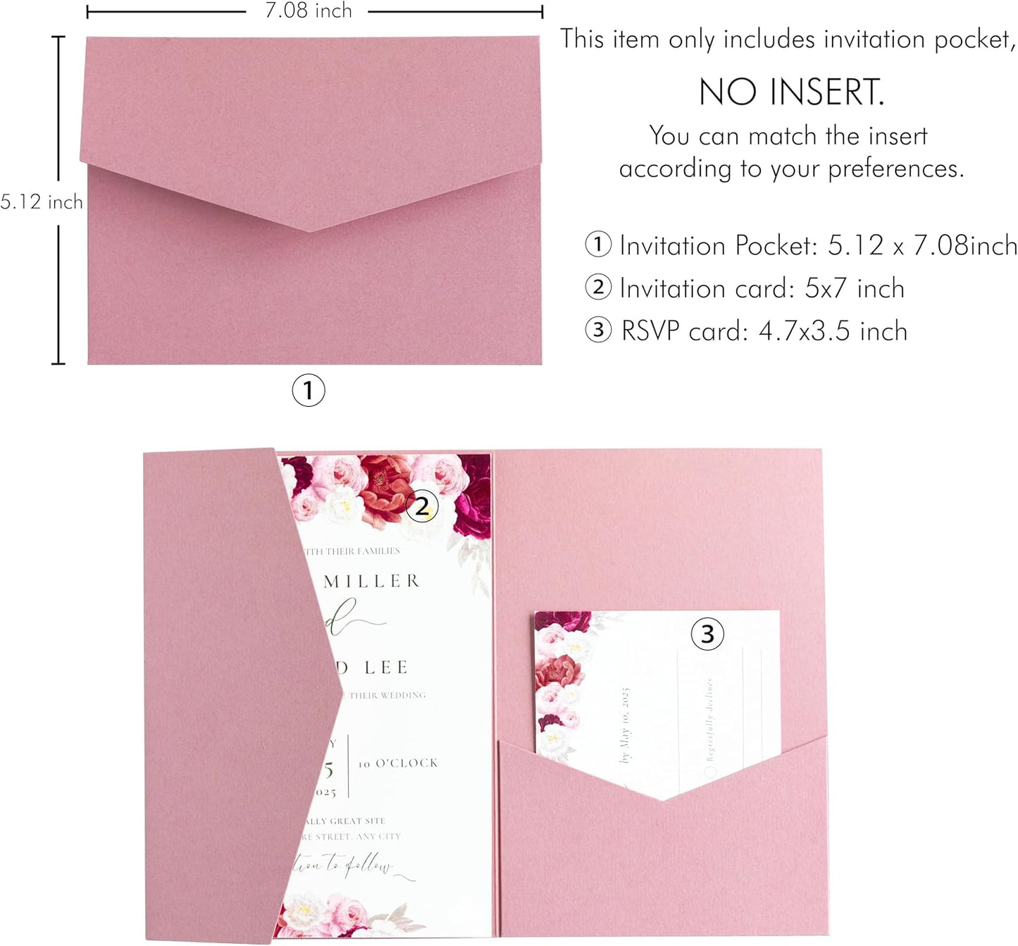 20 PCS Dusty Rose Tri-fold Laser Cut Wedding Invitation Pockets for 5x7 Wedding Cards Bridal Shower Engagement Quinceanera Invitation