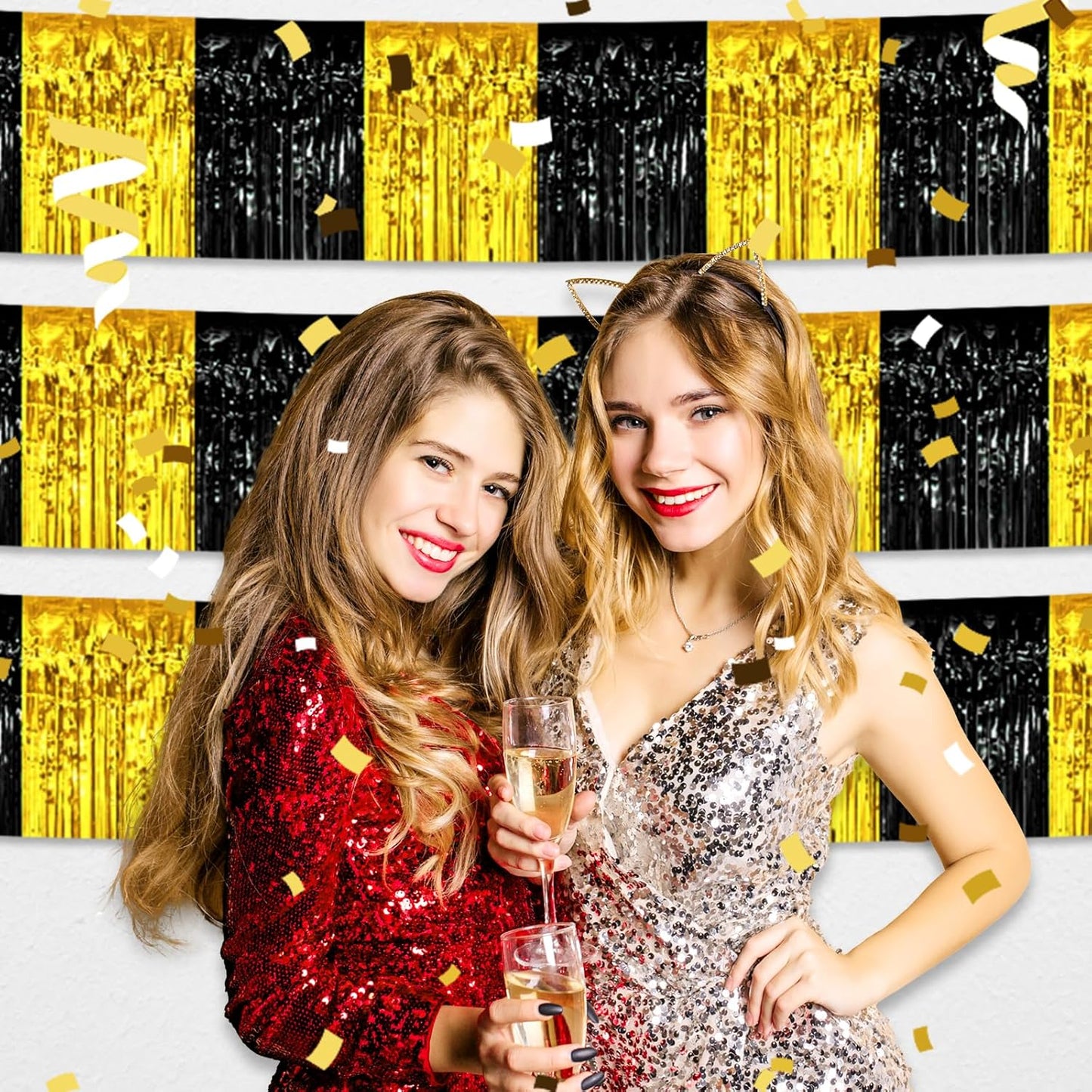 6 Pack 10 Feet Black Gold Foil Fringe Garland Metallic Tinsel Streamers Banner Wall Hanging Curtain Backdrop for Parade Floats, Birthday, Graduate, Mother's Day, Wedding Party Decoration