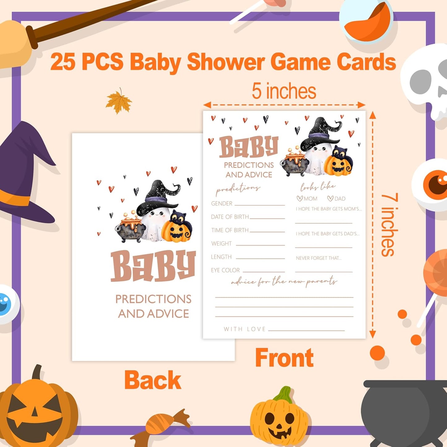 Baby Shower Games, Halloween Baby Predictions and Advice Cards, 25 Double-Sided Game Cards for Gender Reveal Party Decorations Supplies Announcement - B02
