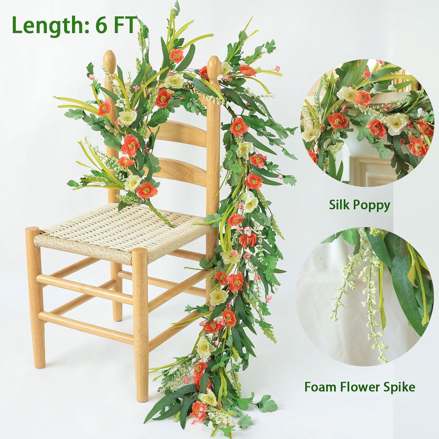 Mizii Red Artificial Flower Garland 6FT Fake Poppy Floral Garland Hanging Vines Spring Summer Flowers Decorations for Mantle Table Centerpieces Room Wall Fireplace Wedding Decor (Red)