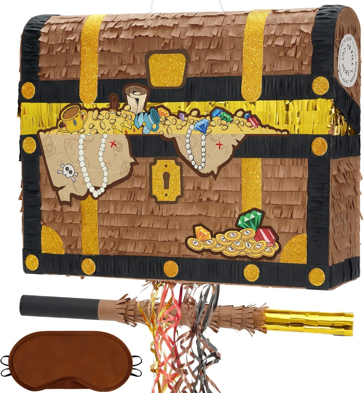WERNNSAI Treasure Chest Piñata - Pull String Pirate Themed Piñata with Blindfold and Bat Adventure Birthday Party Decoration for Boys Kids Family Games Piñata Adventure Theme Party Supplies