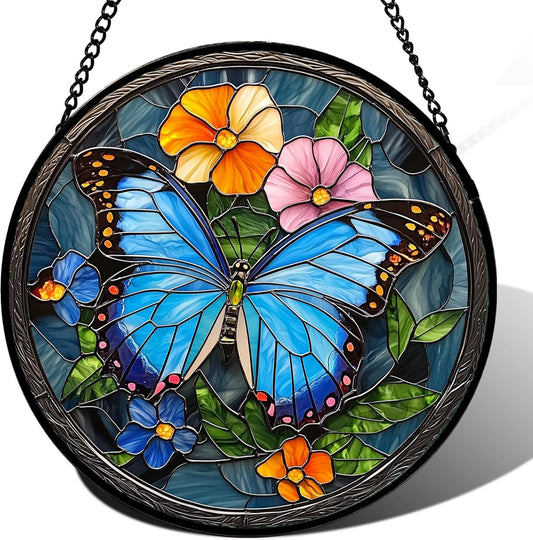 Stained Glass Window Hanging, Blue Butterfly Flower Suncatcher for Doors Home Sun Catchers Decoration and Christmas, Mother's Day Birthday Gifts for Women, Men, and Mom 7.8 in