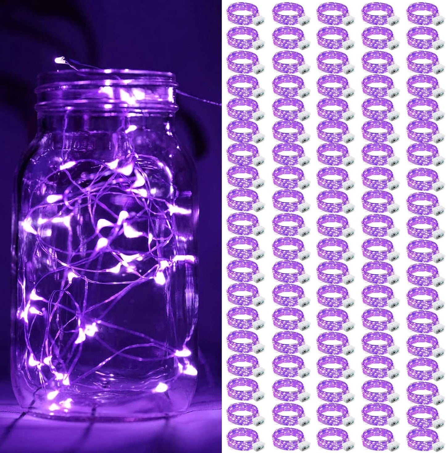 ZGWJ 100 Pack Fairy Lights Battery Operated, 7ft 20 Mini LED Fairy String Lights Silver Wire 3 Modes for DIY, Parties, Wedding, Bedroom, Halloween Christmas Decoration Purple