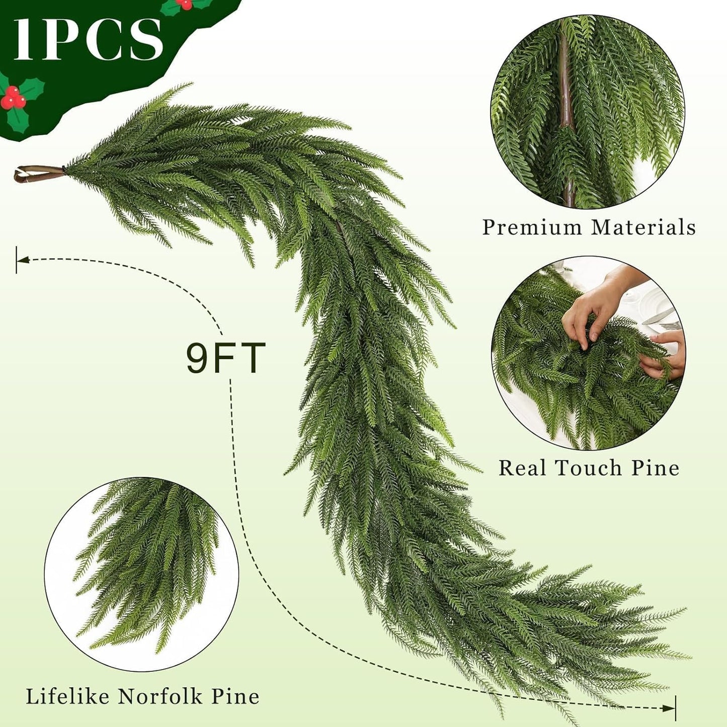 9FT Christmas Norfolk Pine Garland -1PCS, Artificial Pine Needles Garlands Faux Greenery Fake Garland for Holiday Fireplace,Table,Window,Stairs,Mante,Indoor Outdoor Decor