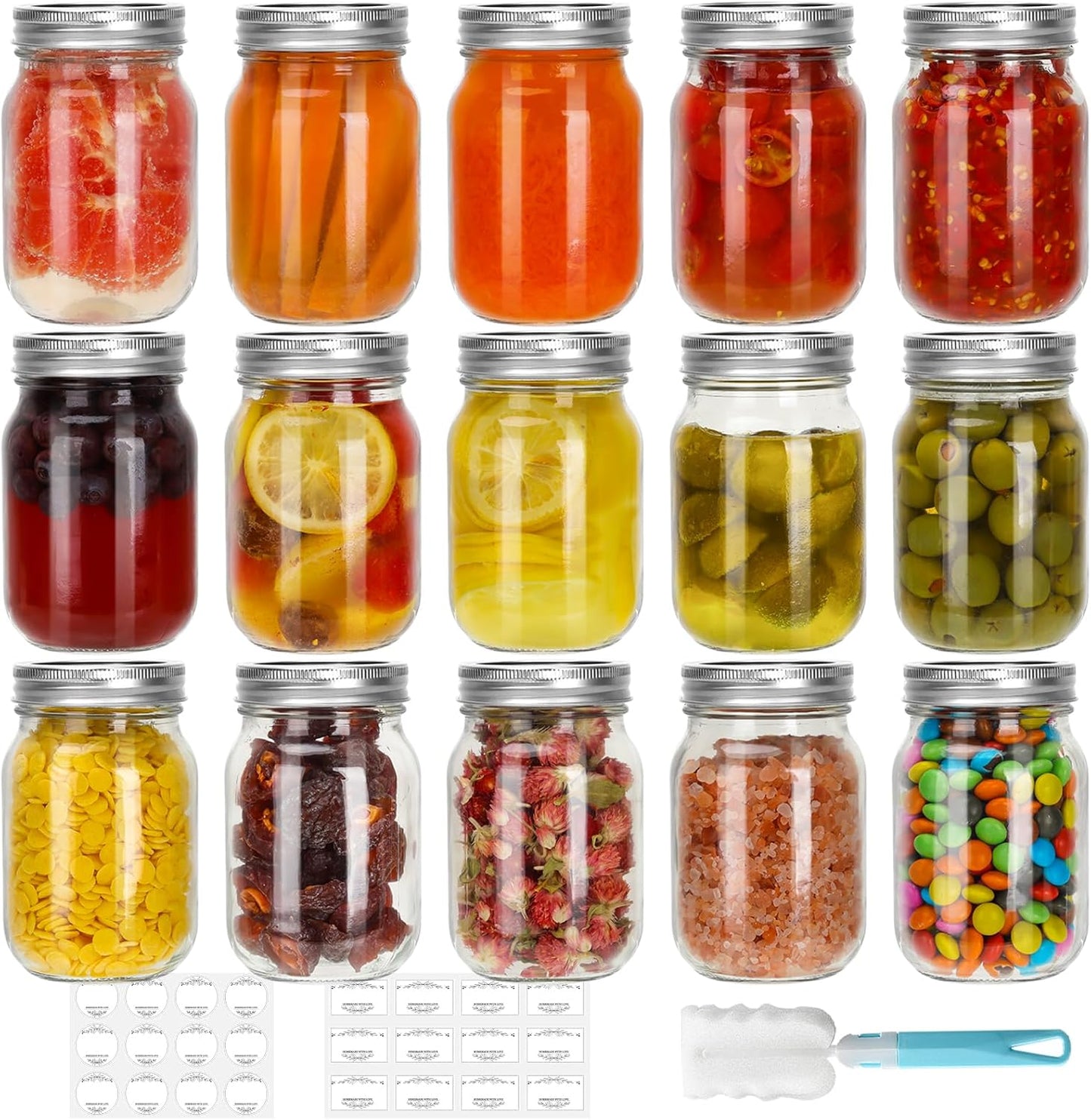 CycleMore 16 oz Mason Jars With Airtight Lids and Brands 15 Pack Glass Canning Jars with Regular Mouth, Pint Clear Glass Jar For DIY Projects, Food Storage and Fermenting with Brush & 24 Labels