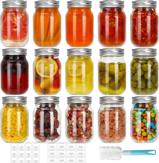 CycleMore 16 oz Mason Jars With Airtight Lids and Brands 15 Pack Glass Canning Jars with Regular Mouth, Pint Clear Glass Jar For DIY Projects, Food Storage and Fermenting with Brush & 24 Labels