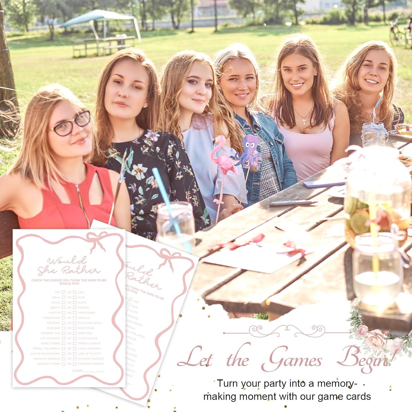 DEEKA 30 PCS Bridal Shower Games Card for 30 Guests White Pink Wavy Border Ribbon Bow Funny Wedding Bachelorette Party Games for Reception (Would She Rather)