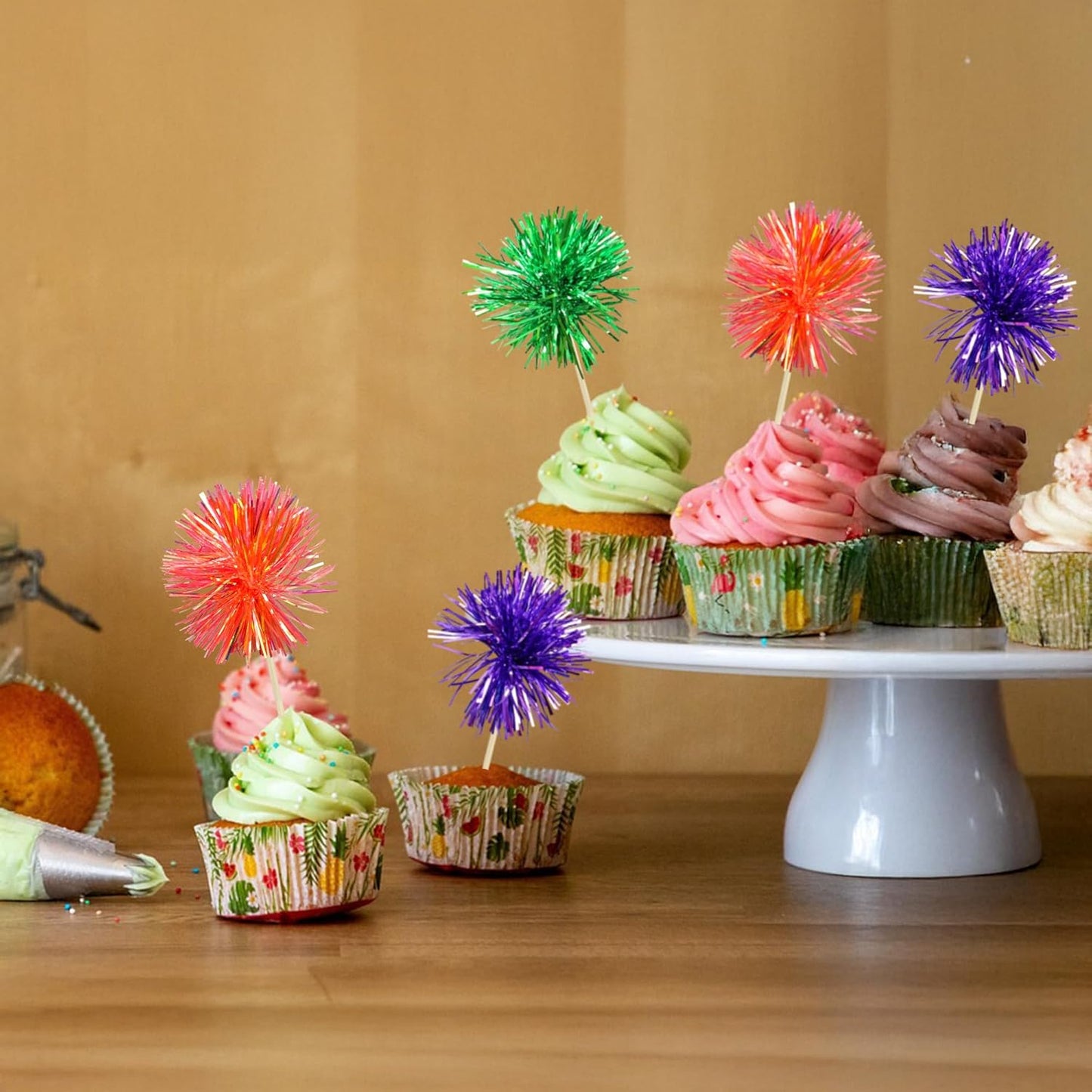 Gyufise 30Pcs Foil Firework Cupcake Toppers Sparkle Tinsel Cake Toppers Tinsel Drink Cake Decoration Cocktail Picks for Halloween Birthday Wedding Graduation Party Supplies Purple Green Orange