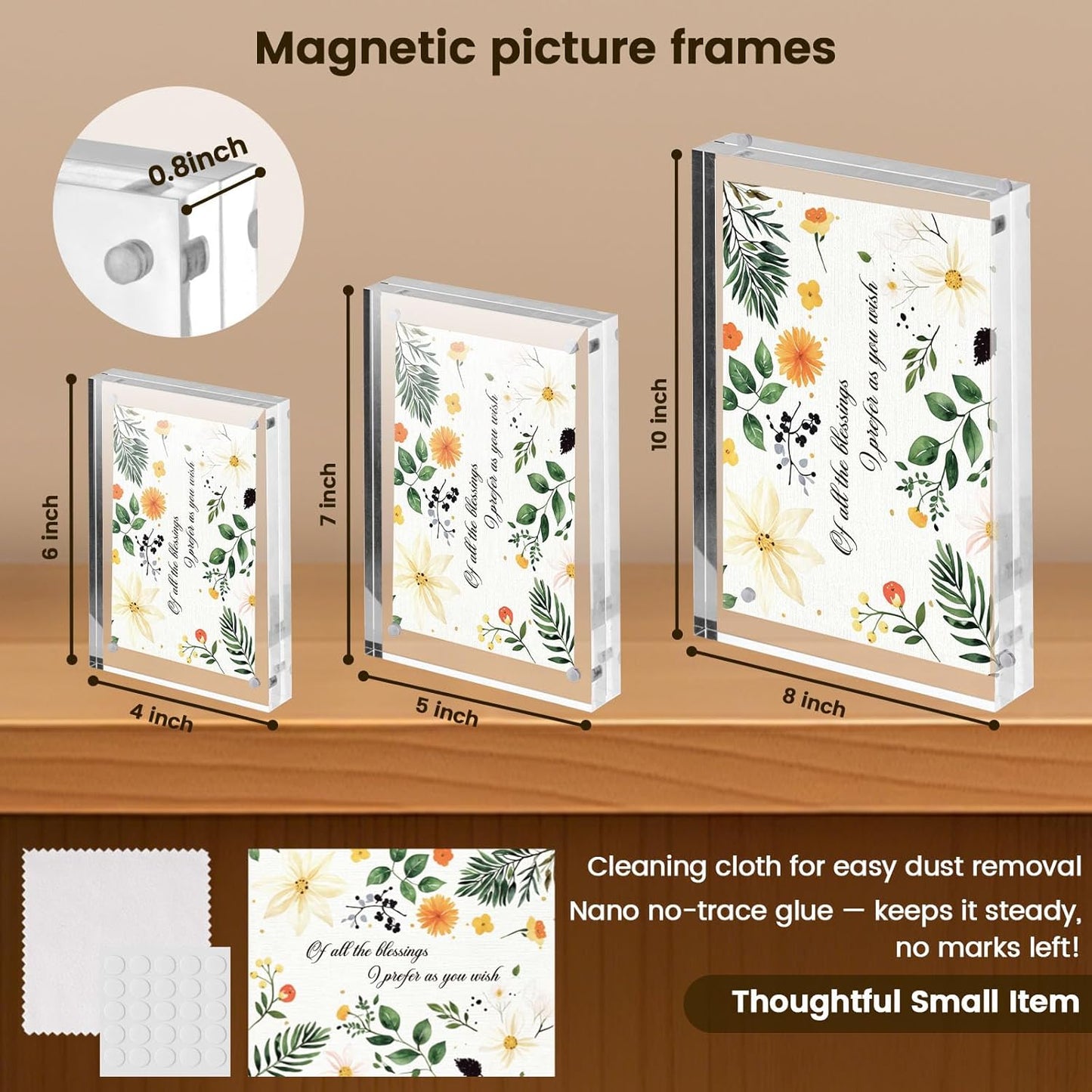 JOHOUSE 5 Pack 5 x 7 Acrylic Picture Frames, Double Sided Magnetic Photo Frames Self Standing Frameless Transparent for Desktop Display Gifts for Women
