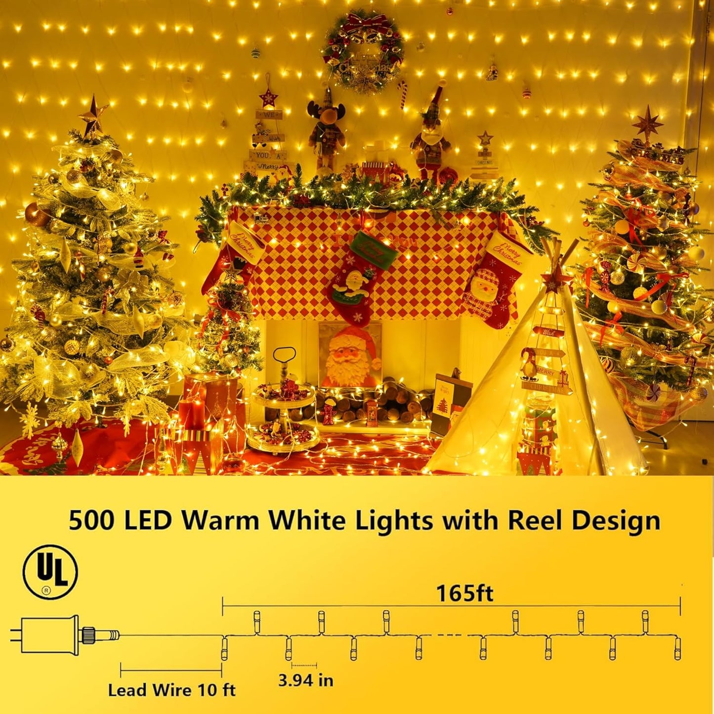 YEGUO 165ft 500 LED String Lights Outdoor Waterproof, Clear Wire Christmas Lights Indoor Plug in, 8 Modes Fairy Light for Party Wedding Classroom Tree(Warm White)