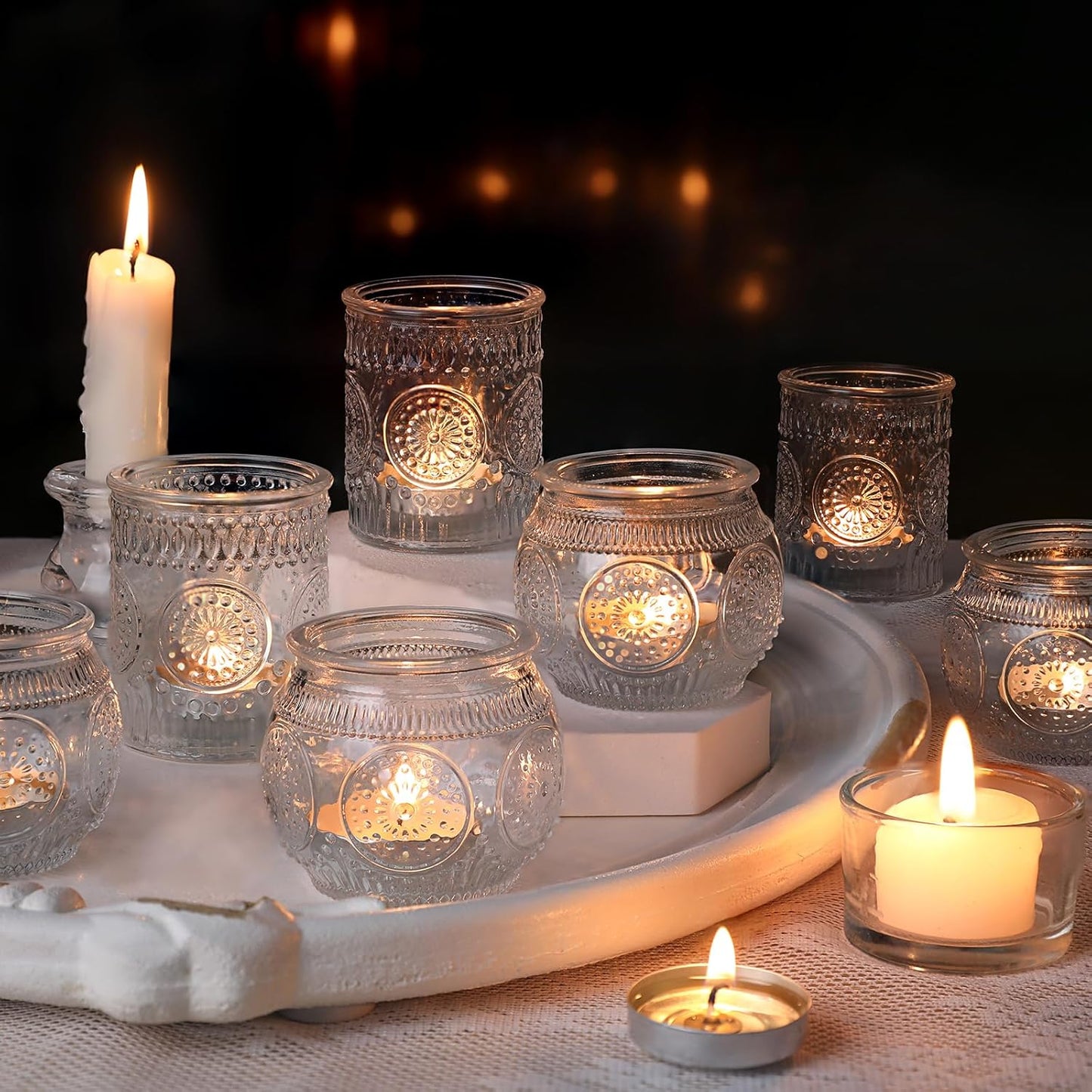 DARJEN 12Pcs Clear Votive Candle Holders - Glass Tea Light Candle Holder, Clear Votives, Embossed Candle Votives for Wedding Centerpiece & Home Decoration