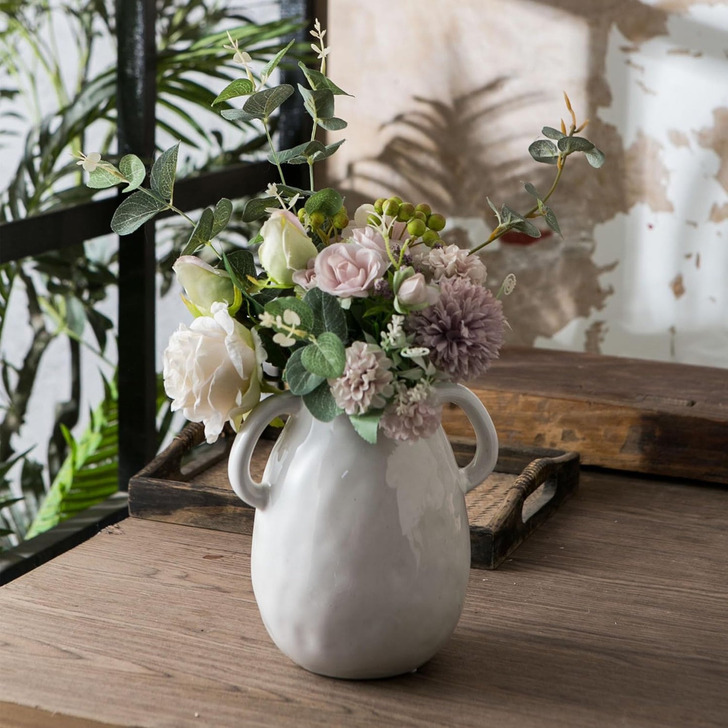 White Ceramic Vase with 2 Handles for Modern Farmhouse Home Decor, Vintage Rustic Decorative Vases, Small Vase for Fresh and Dried Flowers, Centerpiece Table Decorations, 7 Inch