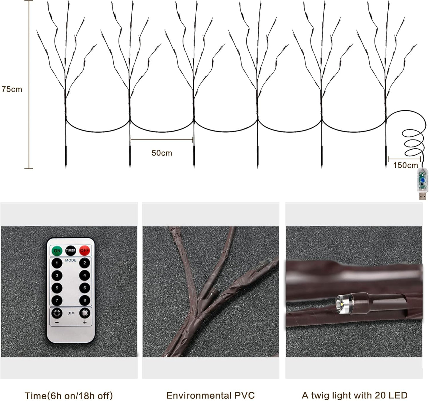 MENCH Branch Lights,6 Pcs Twig Light USB&Battery Powered 8 Flashing Modes by Remote Control.Branch Lights for Indoor, Light Up Decorations for Halloween Day and Christmas,Red