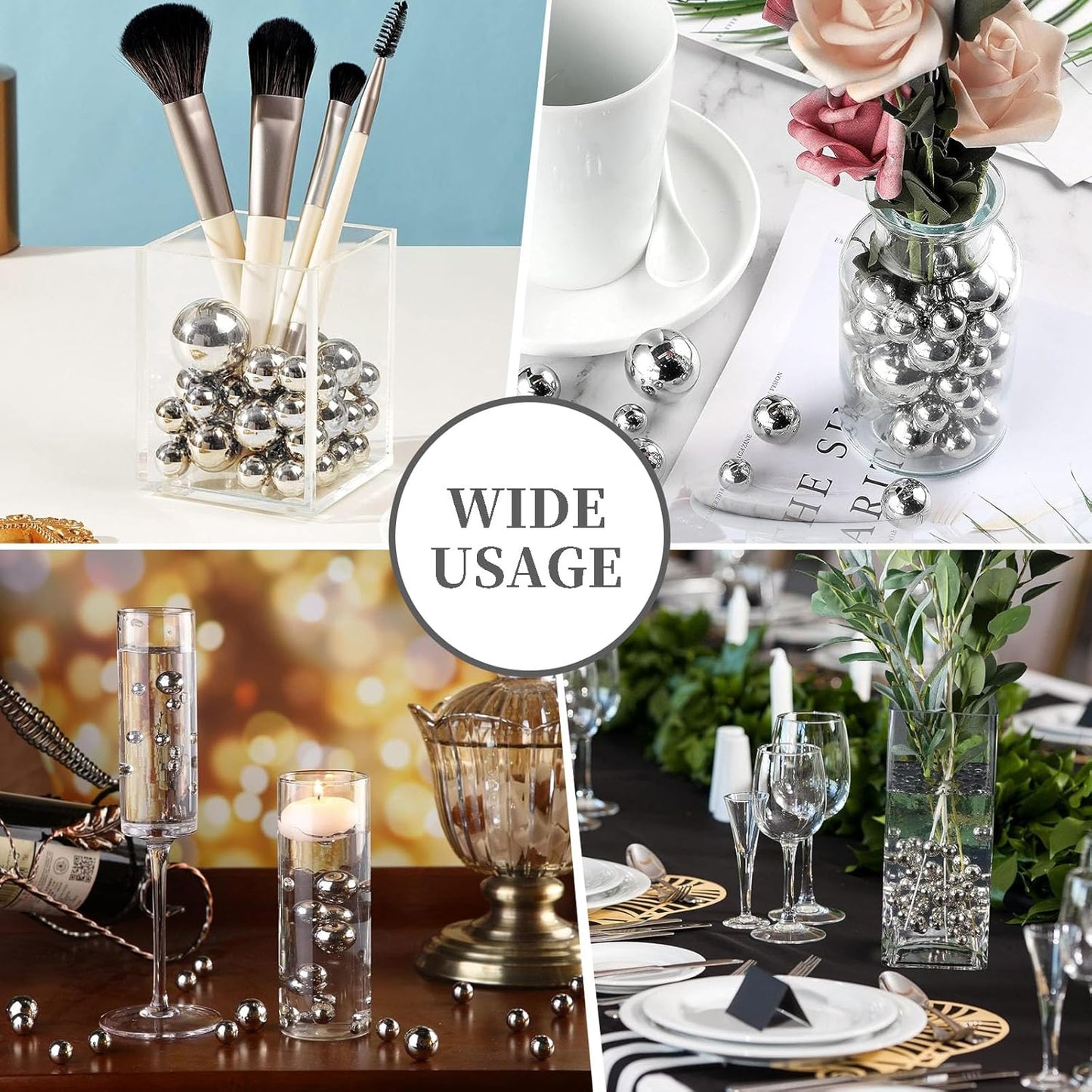 100PCS Silver Faux Pearls Beads for Centerpiece Vases, Vase Filler Faux Pearls, No Holes Filler Beads for Party Anniversary Birthday Wedding Table Decor, 14/20/30mm