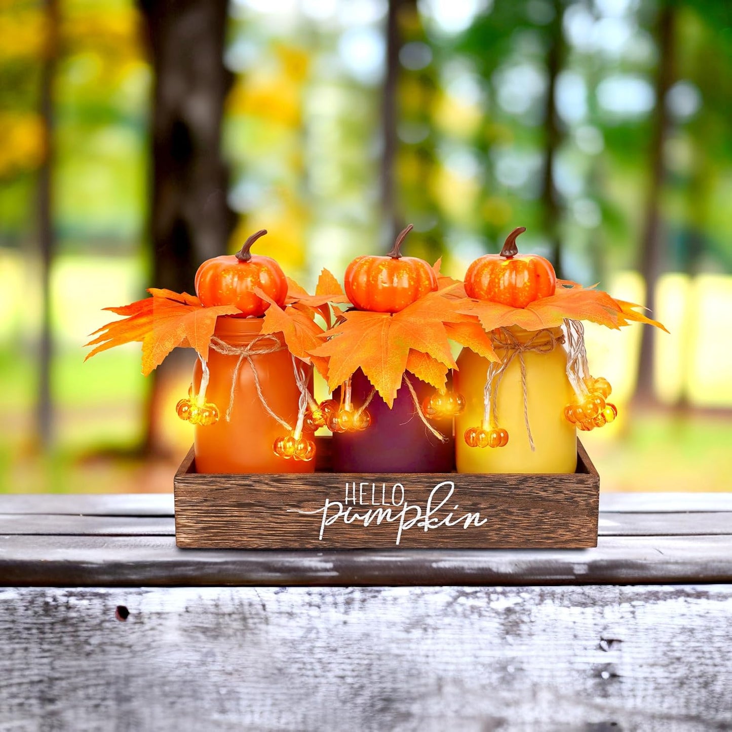 Thanksgiving Decorations Indoor 3 PCS, Thanksgiving Table Decor with Wooden Boxes, Thanksgiving Fall Centerpiece Mason Jars with Pumpkin Decor Lights for Home, Office, Kitchen