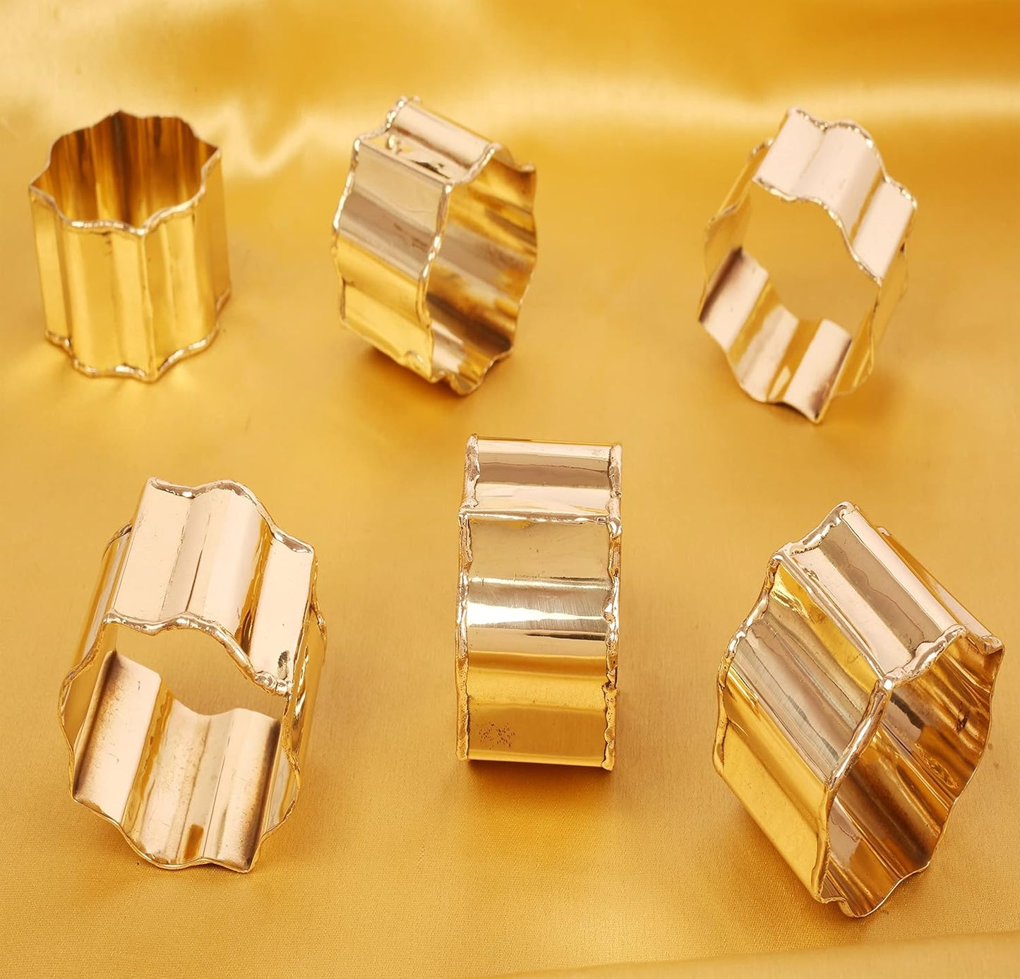 Finely Handcrafted Brass Base Beautiful Faceted Pattern Large Size Party Dining Table Napkin Holders in Gold Tone. (Set of 6).