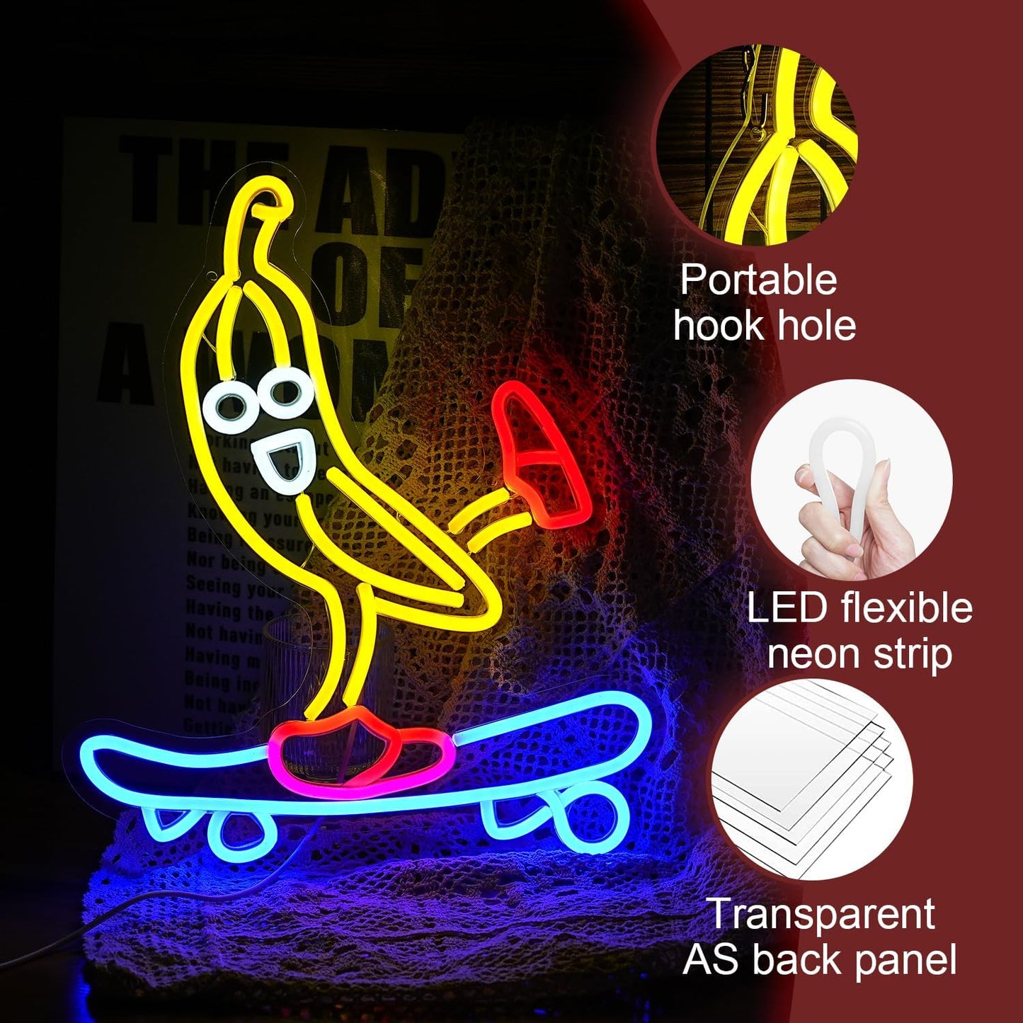 Skateboard Banana Neon Sign Cool Slide Banana LED Neon Light Dimmable Banana Light Up Sign for Shop Bedroom Party Bar Art Wall Decoration(16.3"*13")
