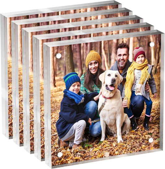 4x4 Acrylic Picture Frame 5 Pack, Clear Freestanding Double Sided Frameless Magnetic Photo Frames, Desktop Display Decor Gift
