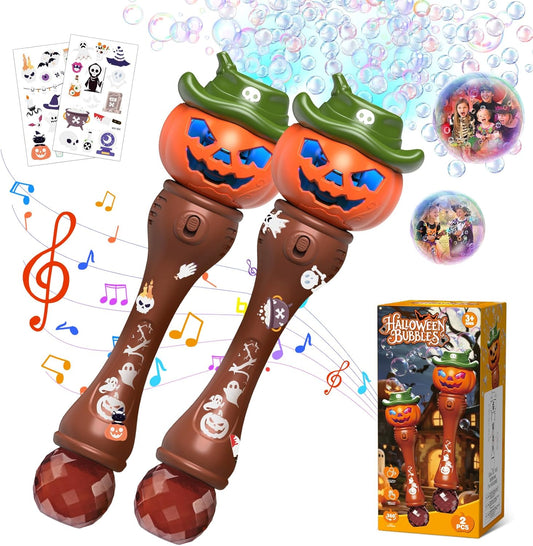 Halloween Pumpkin Bubble Wand for Kids - 2 Pack Automatic Bubble Machine Blower Toys for Toddlers 3-8 with LED Lights, Music Function, DIY Stickers,10 Refill Solutions, Halloween Party Favors Gifts