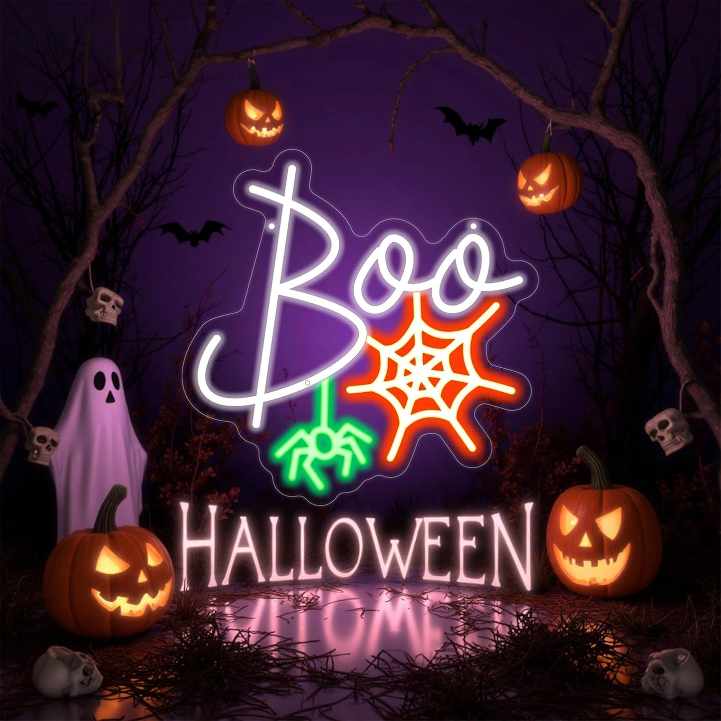 Boo Neon Sign Ghost Neon Light Lets Get Spooky Neon Light Halloween Home Decor Light, Orange White BOO Bat Neon Sign for Trick or Treat Party Backdrop Bedroom Club Bar Festival Gift