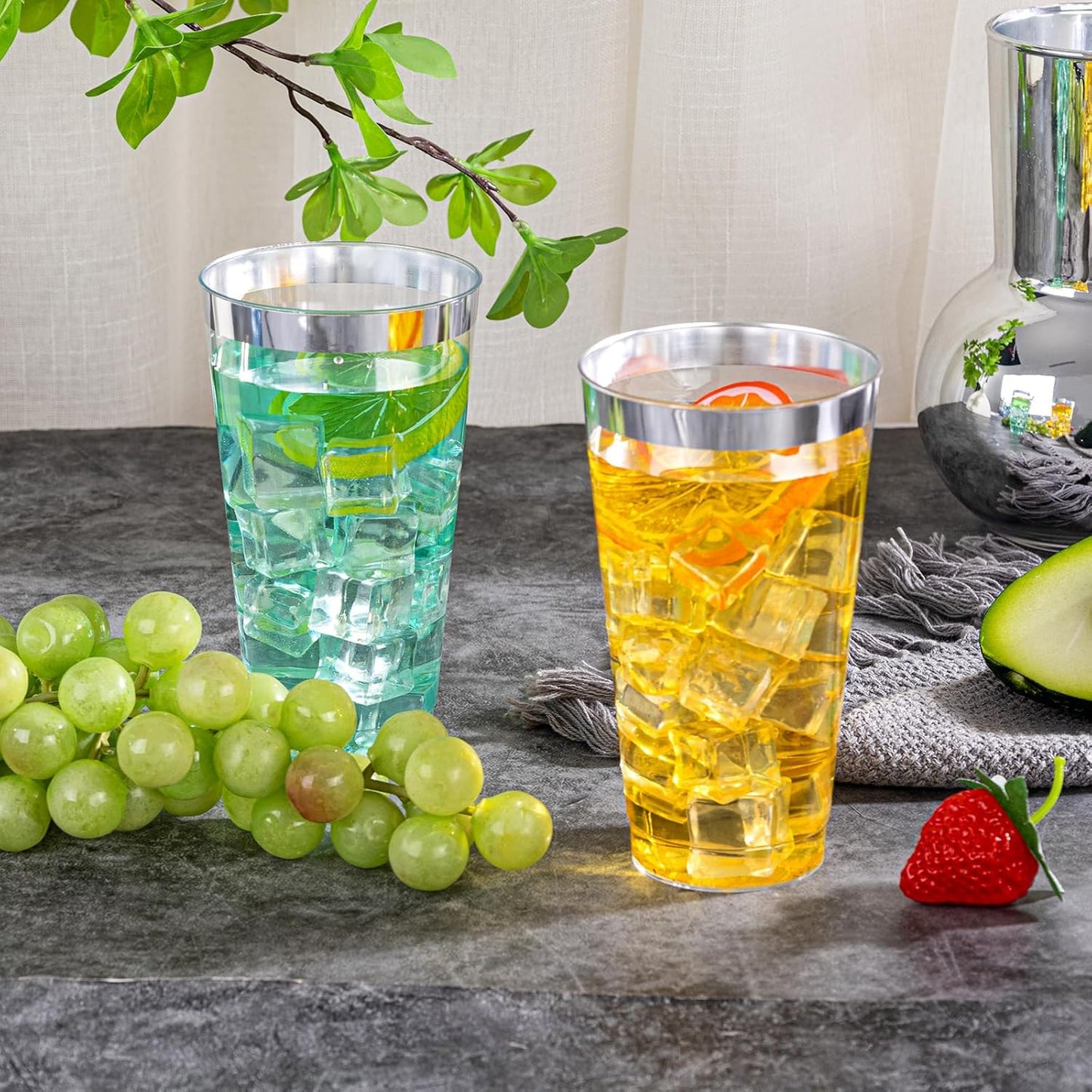 I00000 16 oz Silver Plastic Cups, 50 Pack Clear Plastic Cups,Silver Rimmed Disposable Cup, Heavy-duty Disposable Tumblers Perfect for Party, Holiday, Wedding & Birthday