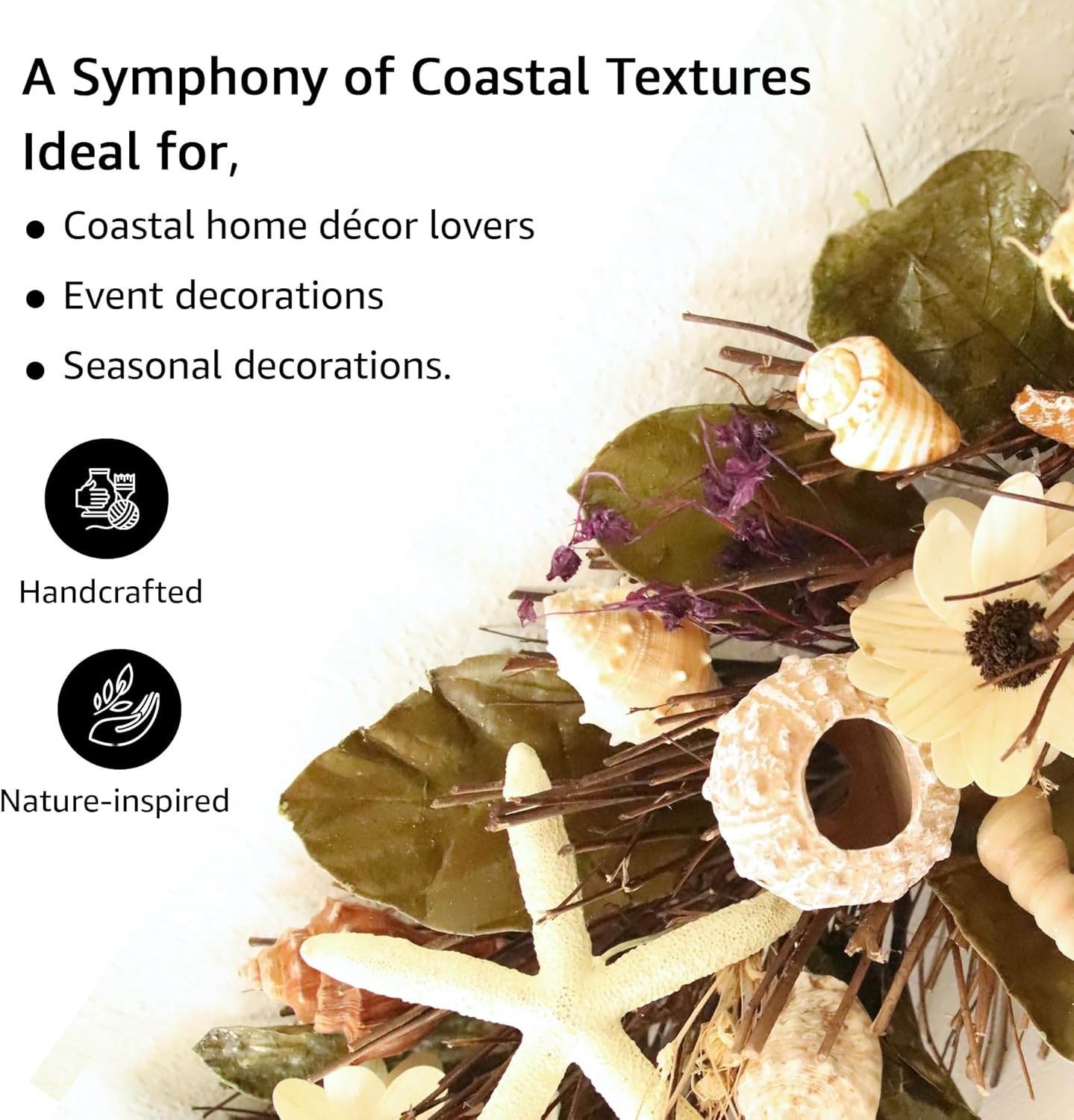 HOLIDAY TREE 5' Coastal Handcrafted Garland - Purple Accents, Natural Shells, Wood Twigs, Resin Starfish - Perfect Summer Garlands for Decoration.
