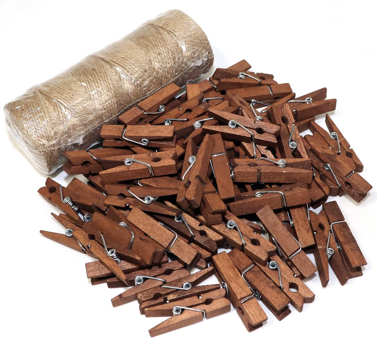Mini Natural Wooden Clothespins with Jute Twine, 100pcs, 1.4 Inch Photo Paper Peg Pin Craft Clips with 320ft Natural Twine for Scrapbooking, Arts & Crafts, Hanging Photos (Rustic Brown)