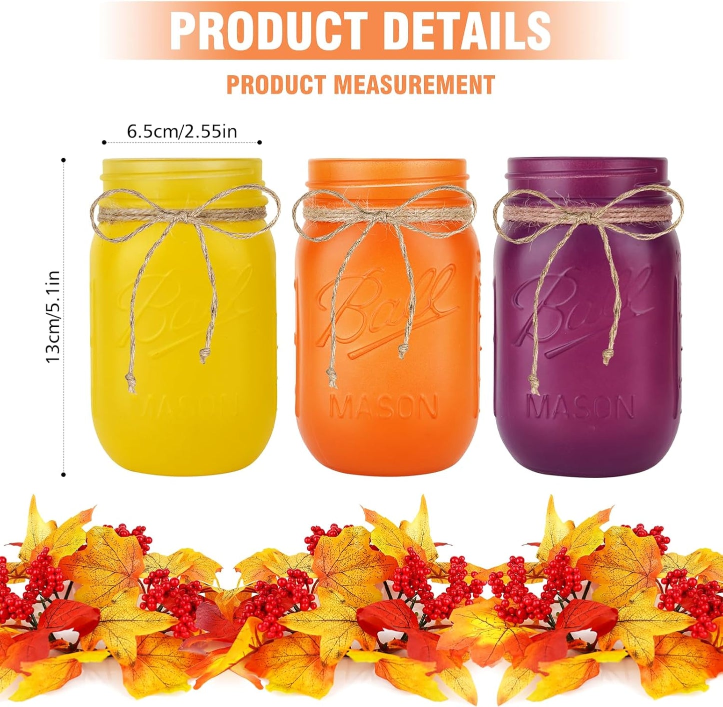 Fall Mason Jar Centerpieces for Tables – Thanksgiving Table Decorations with Autumn Leaves & Berries, Autumn Candle Holder Wreath Rings, Fall Taper Candle Rings for Dining Table