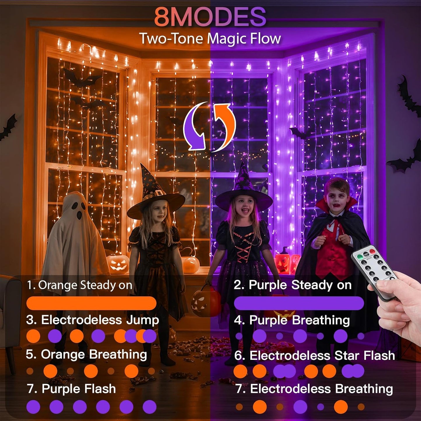 suddus Color Changing Curtain Lights for Halloween, 200 LED 6.5ft x 6.5ft Hanging String Lights with USB, Curtain Fairy Lights Indoor for Bedroom Wall, Party, Porch, Holiday, Purple and Orange